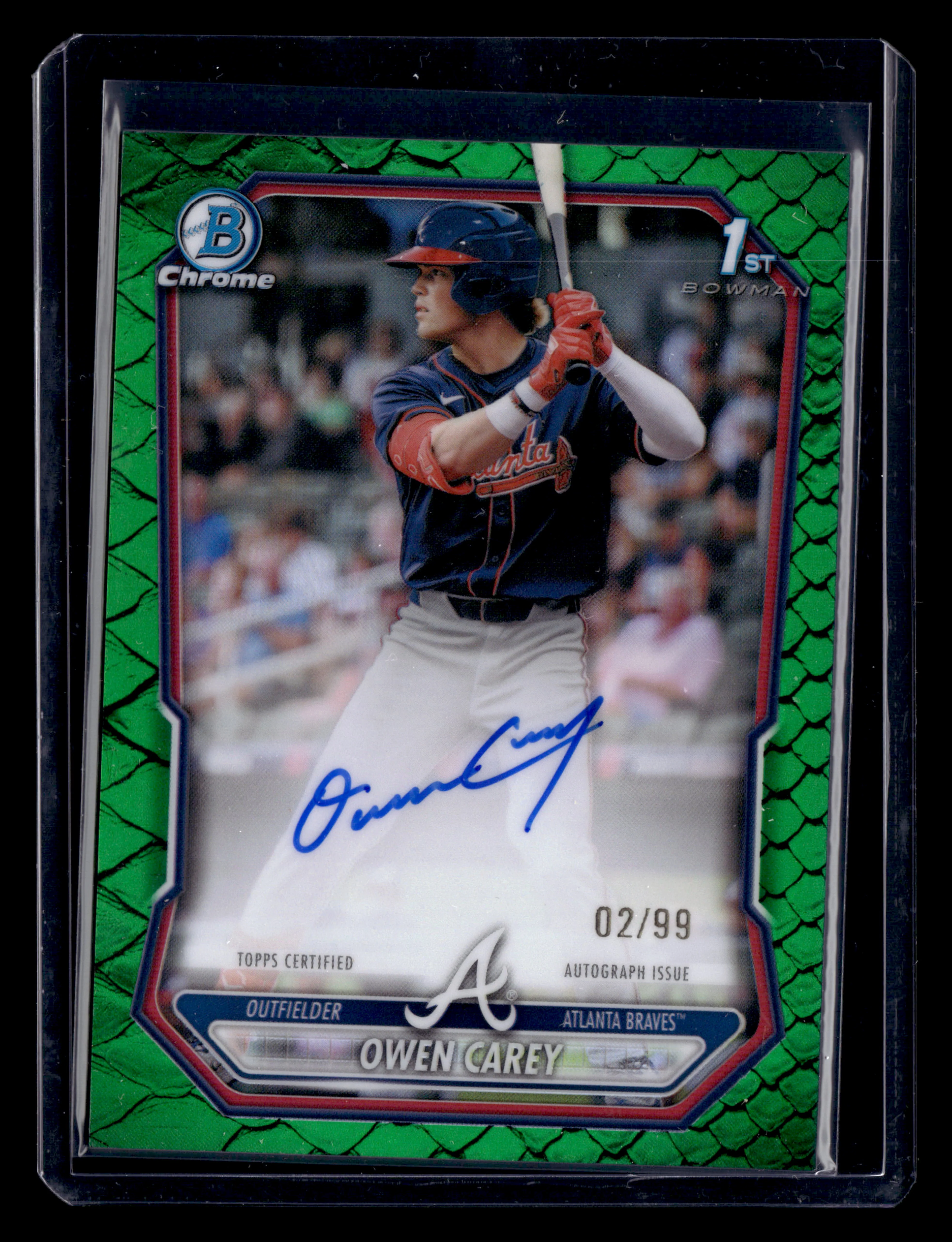 2026 Bowman #CPA-OC Owen Carey Chrome Prospect Autographs Reptilian Green #/99