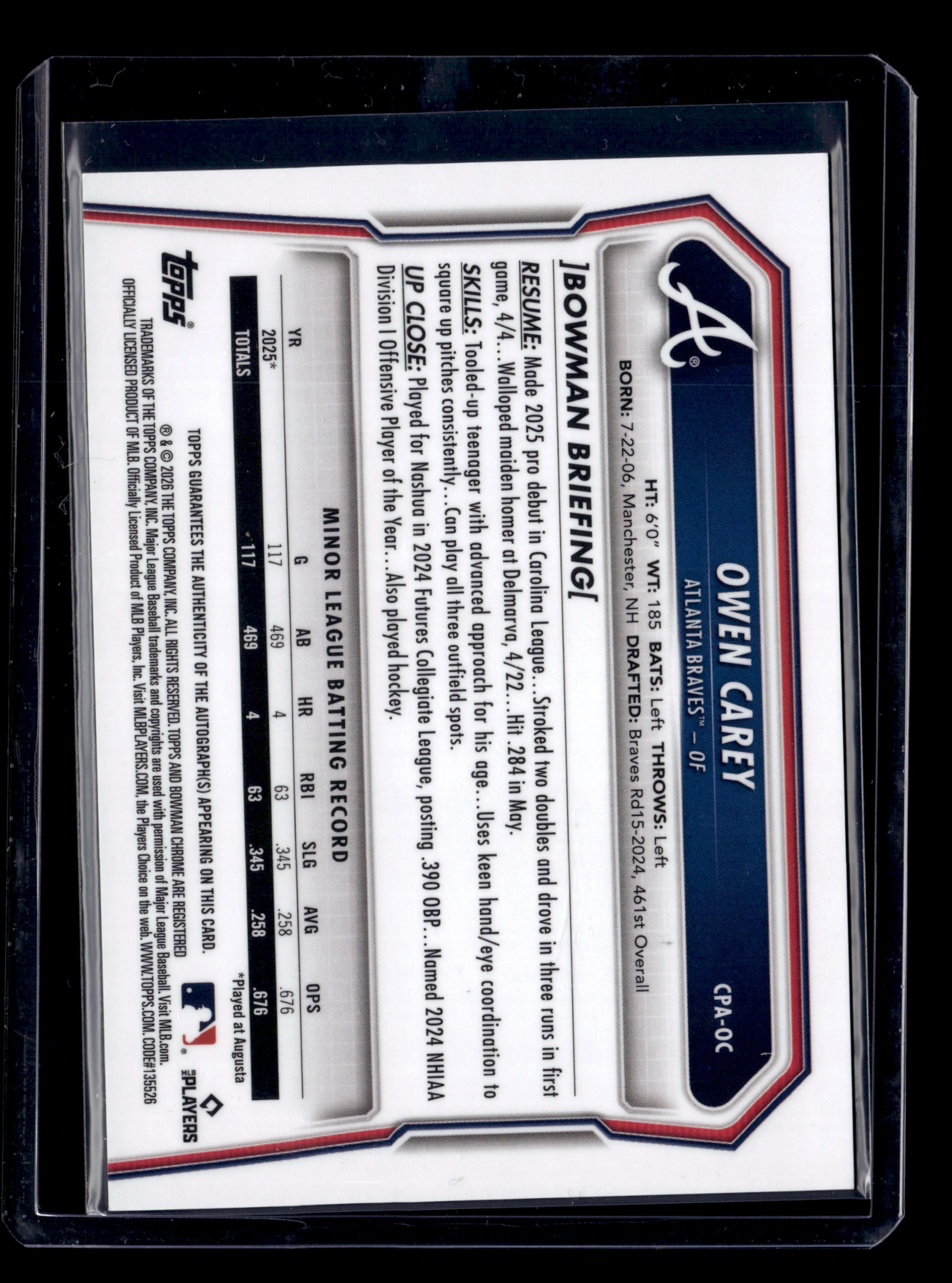 2026 Bowman #CPA-OC Owen Carey Chrome Prospect Autographs Reptilian Green #/99 - Image 2