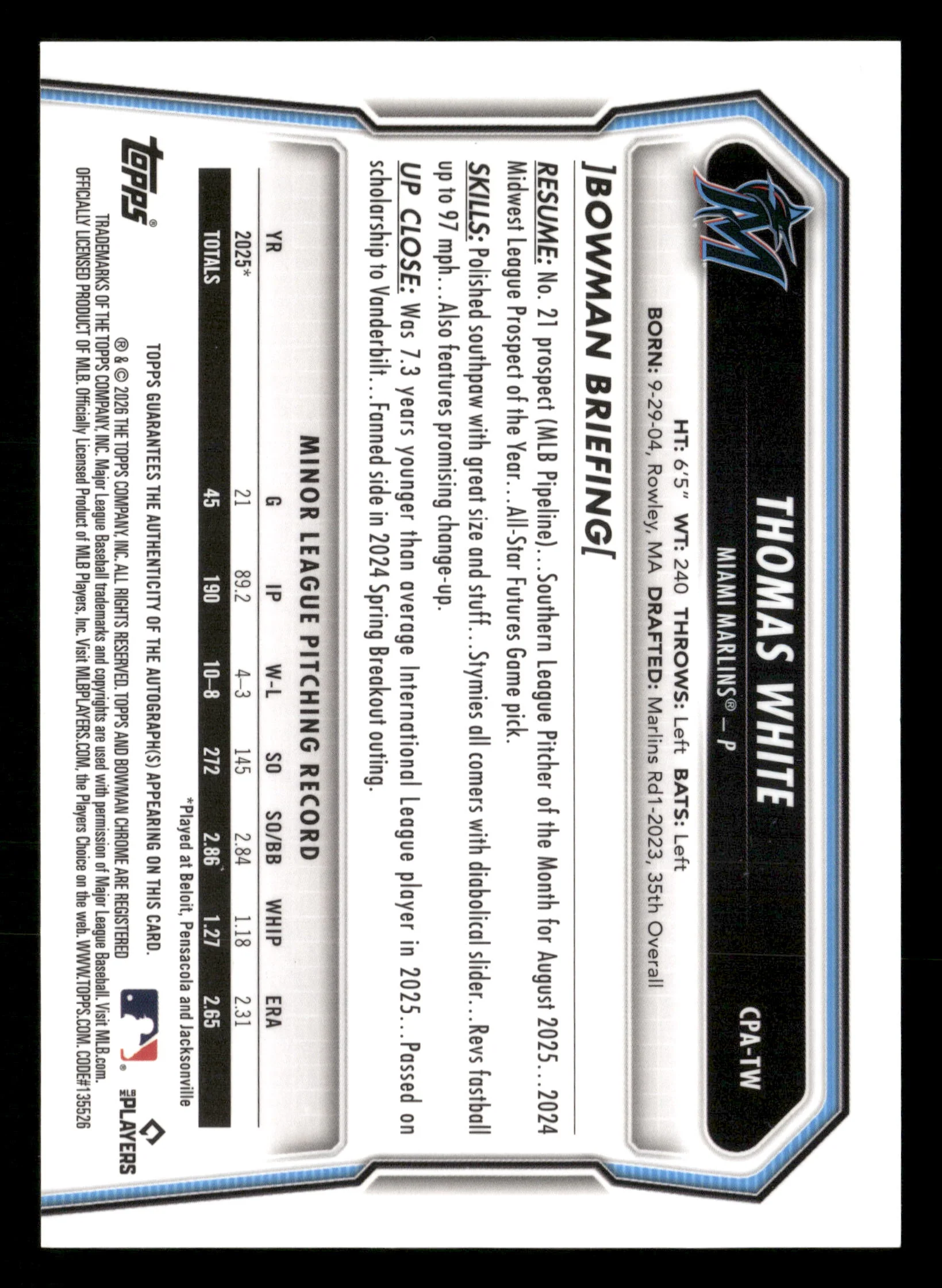 2026 Bowman #CPA-TW Thomas White Prospect Auto Green Shimmer #/99 - Image 2