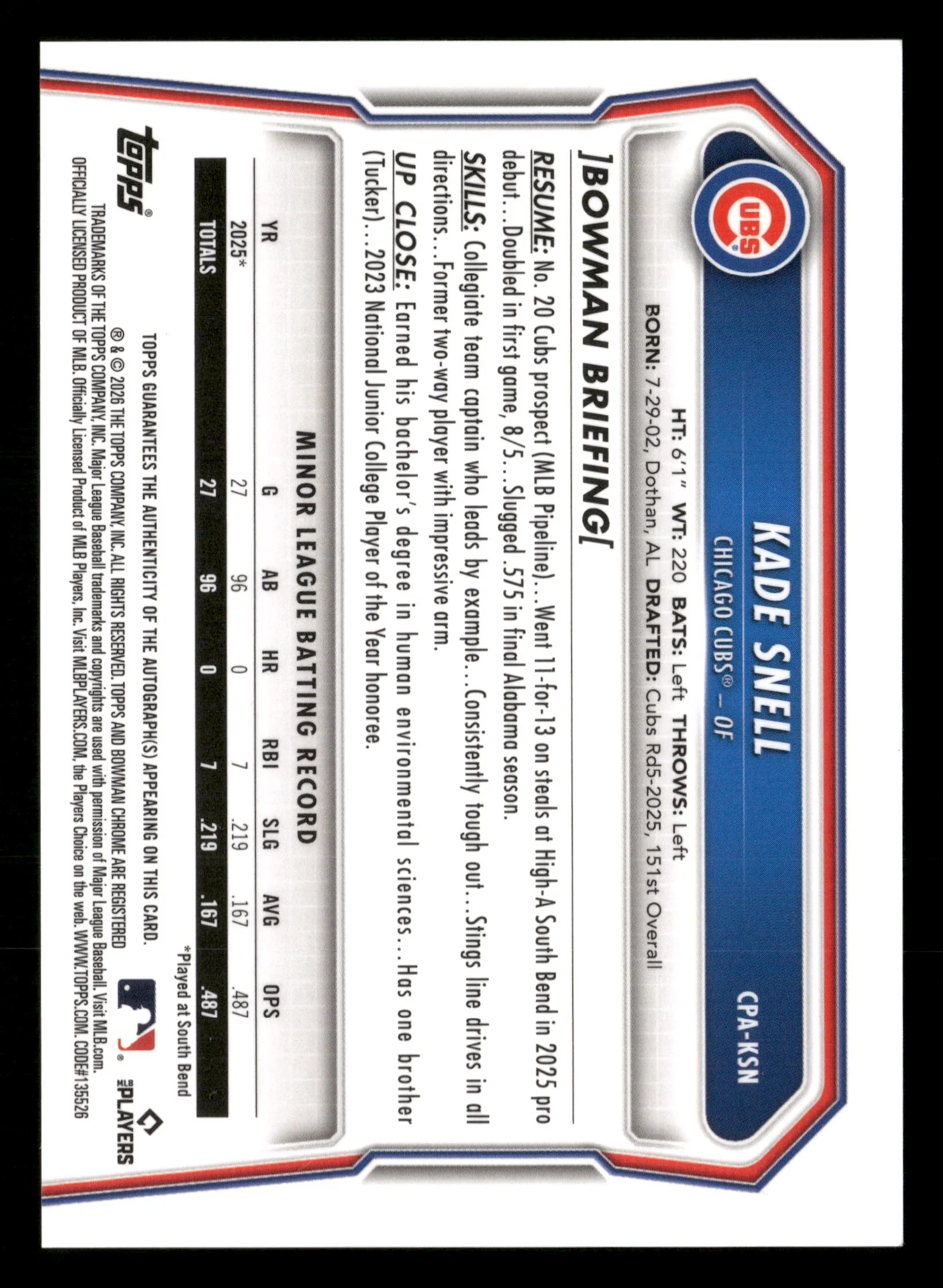 2026 Bowman Kade Snell Prospect Auto Bowman LogoFractor #/35 - Image 2