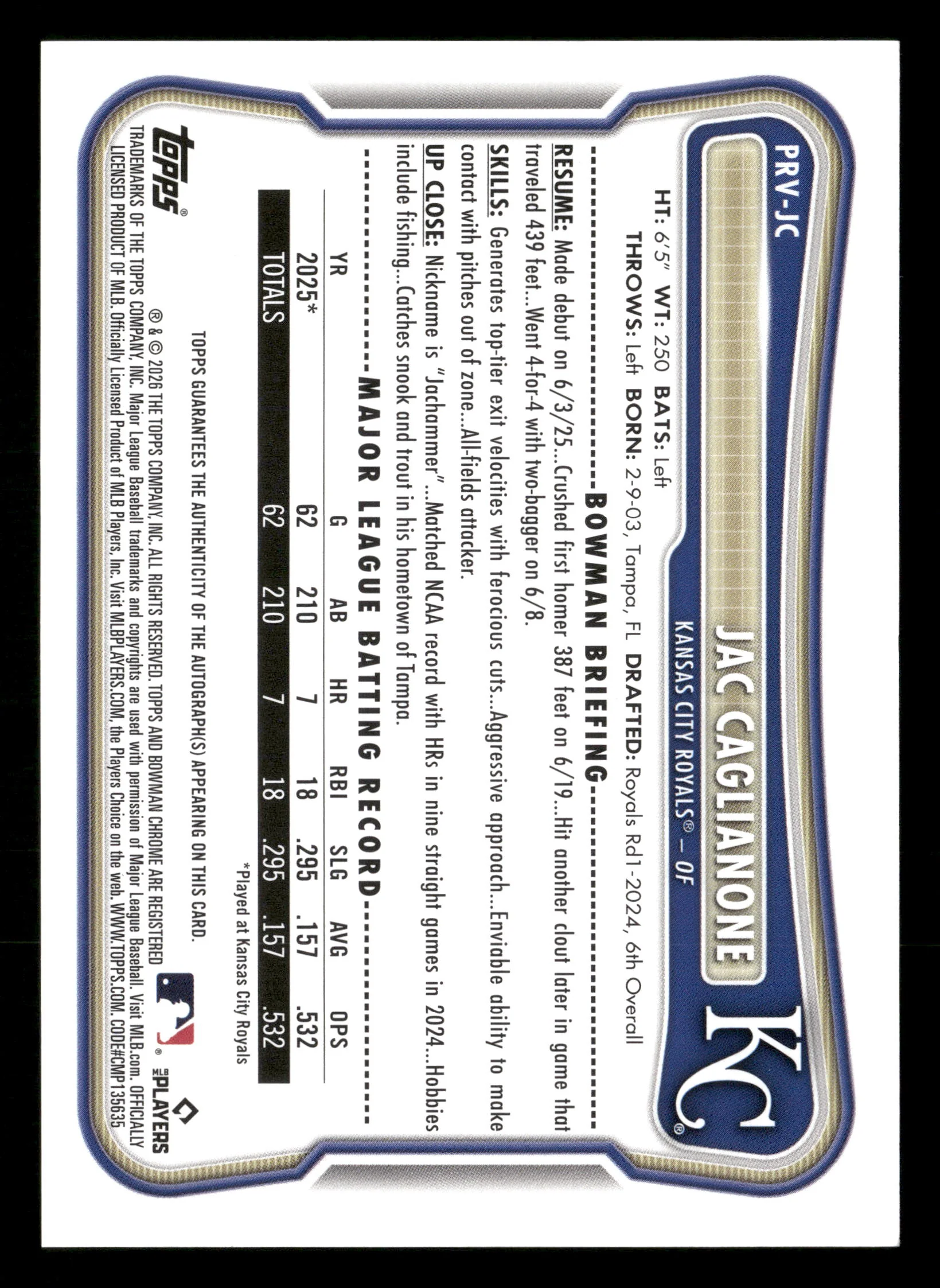 2026 Bowman #PRV-JC Jac Caglianone Rookie and Veteran Autographs - Image 2