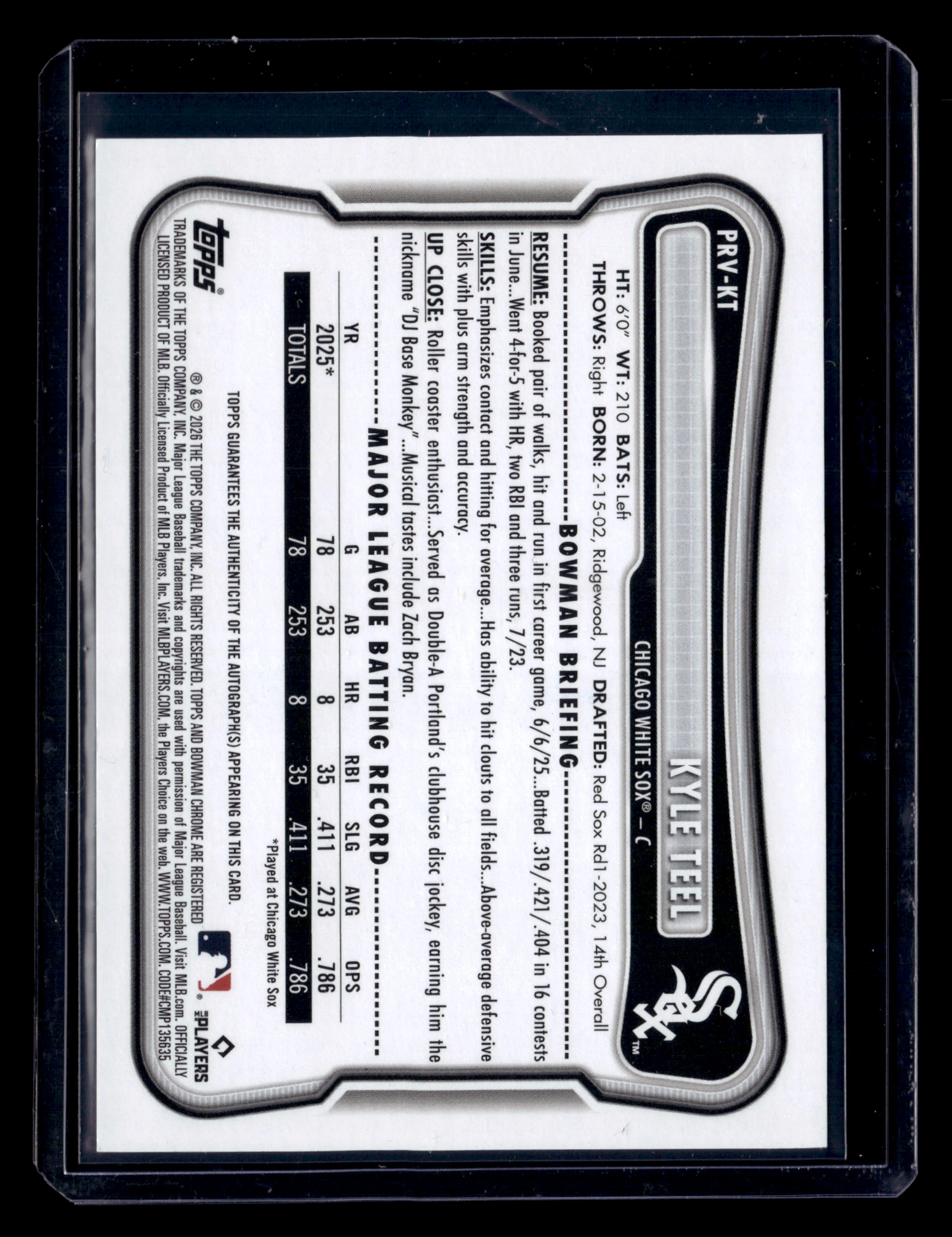 2026 Bowman #PRV-KT Kyle Teel Rookies and Veterans Autographs Blue /150 - Image 2