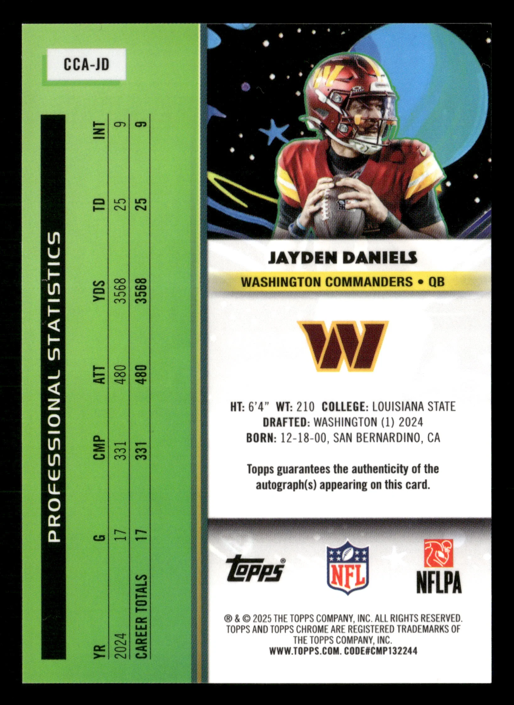2025 Cosmic Chrome Football #CCA-JD Jayden Daniels Space Dust Auto Green #/75 - Image 2