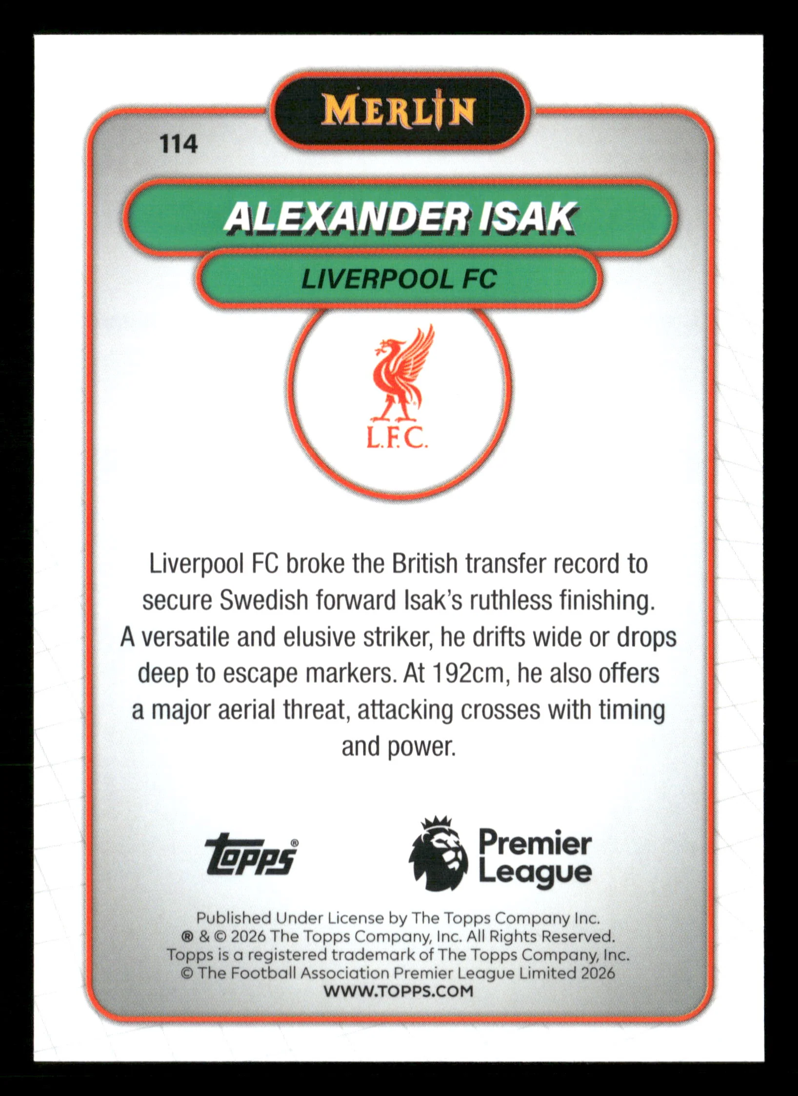 2026 Merlin Premier League #114 Alexander Isak True Gold /50 - Image 2