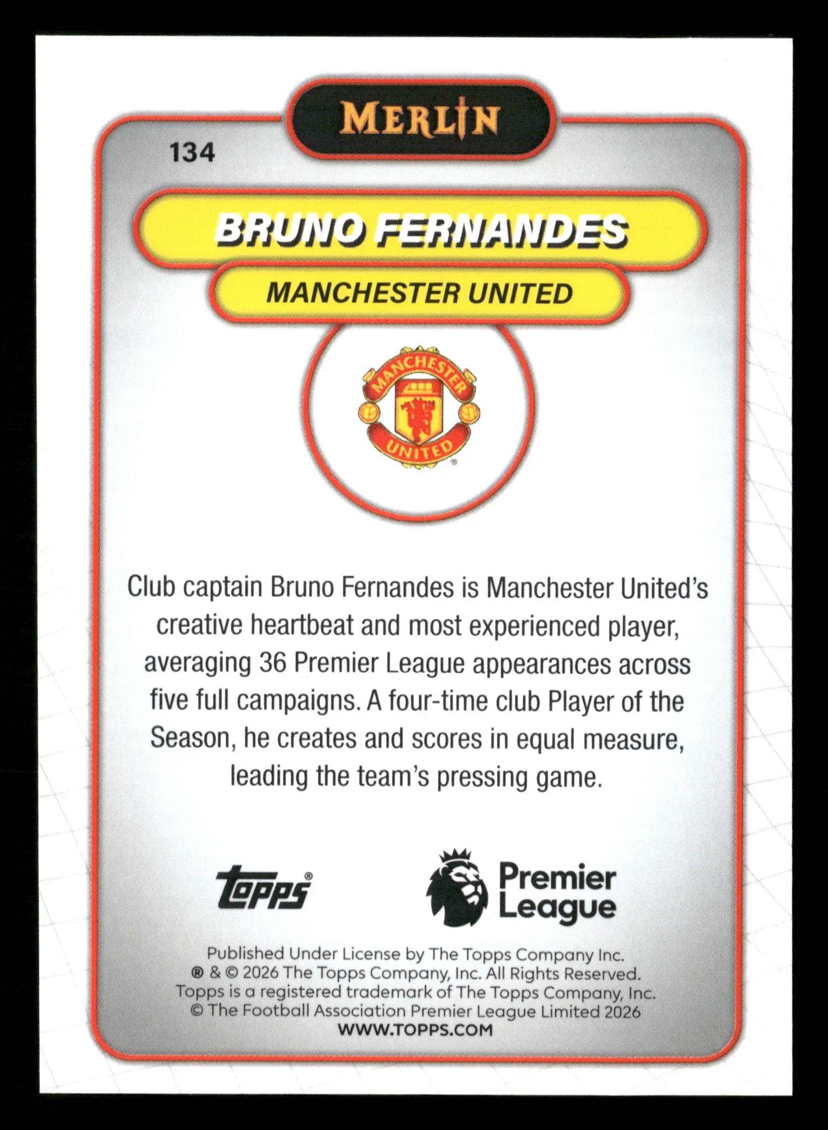 2026 Merlin Premier League #134 Bruno Fernandes Green Refractor /99 - Image 2