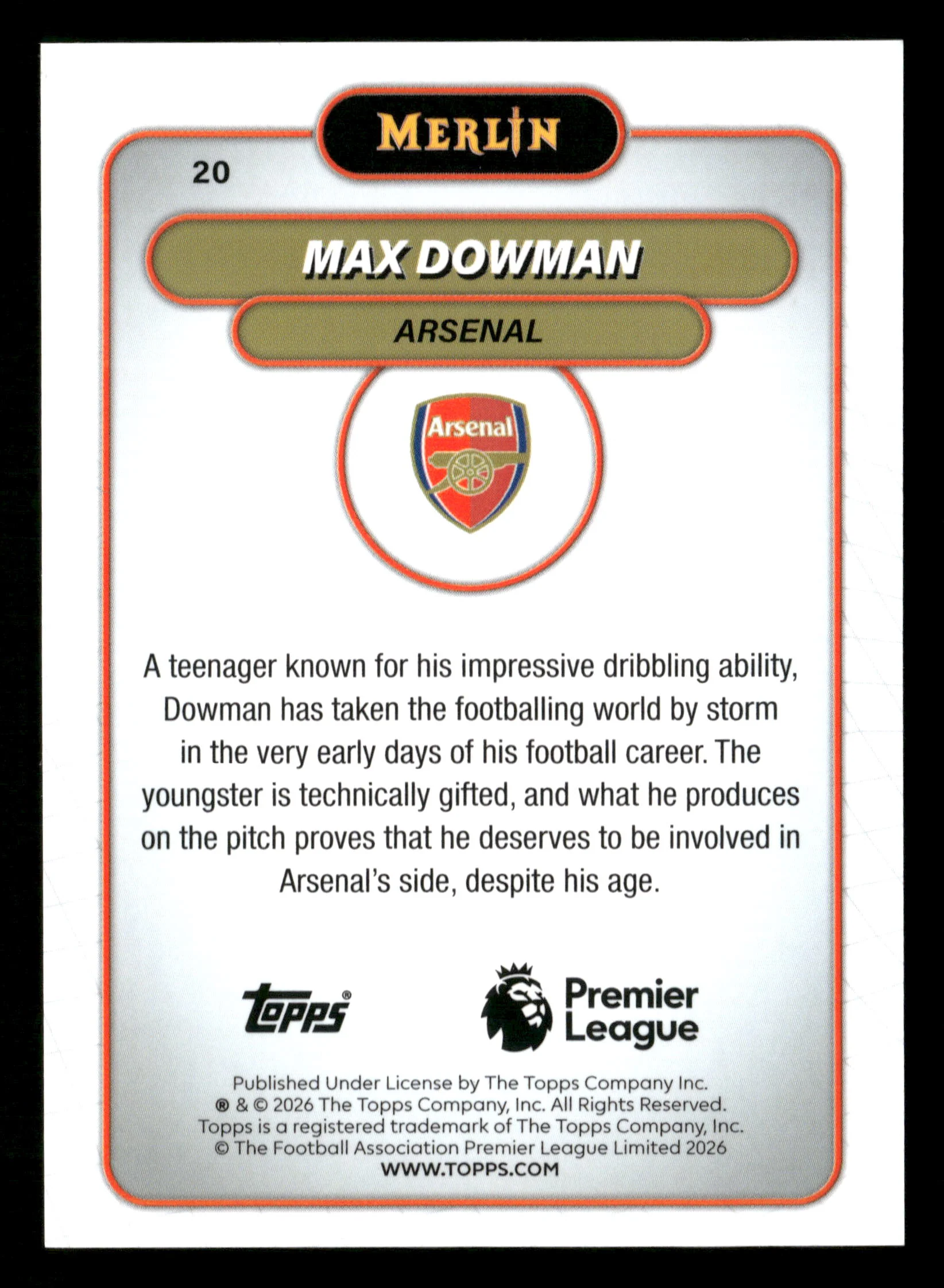2026 Merlin Premier League #20 Max Dowman VHS Refractor - Image 2