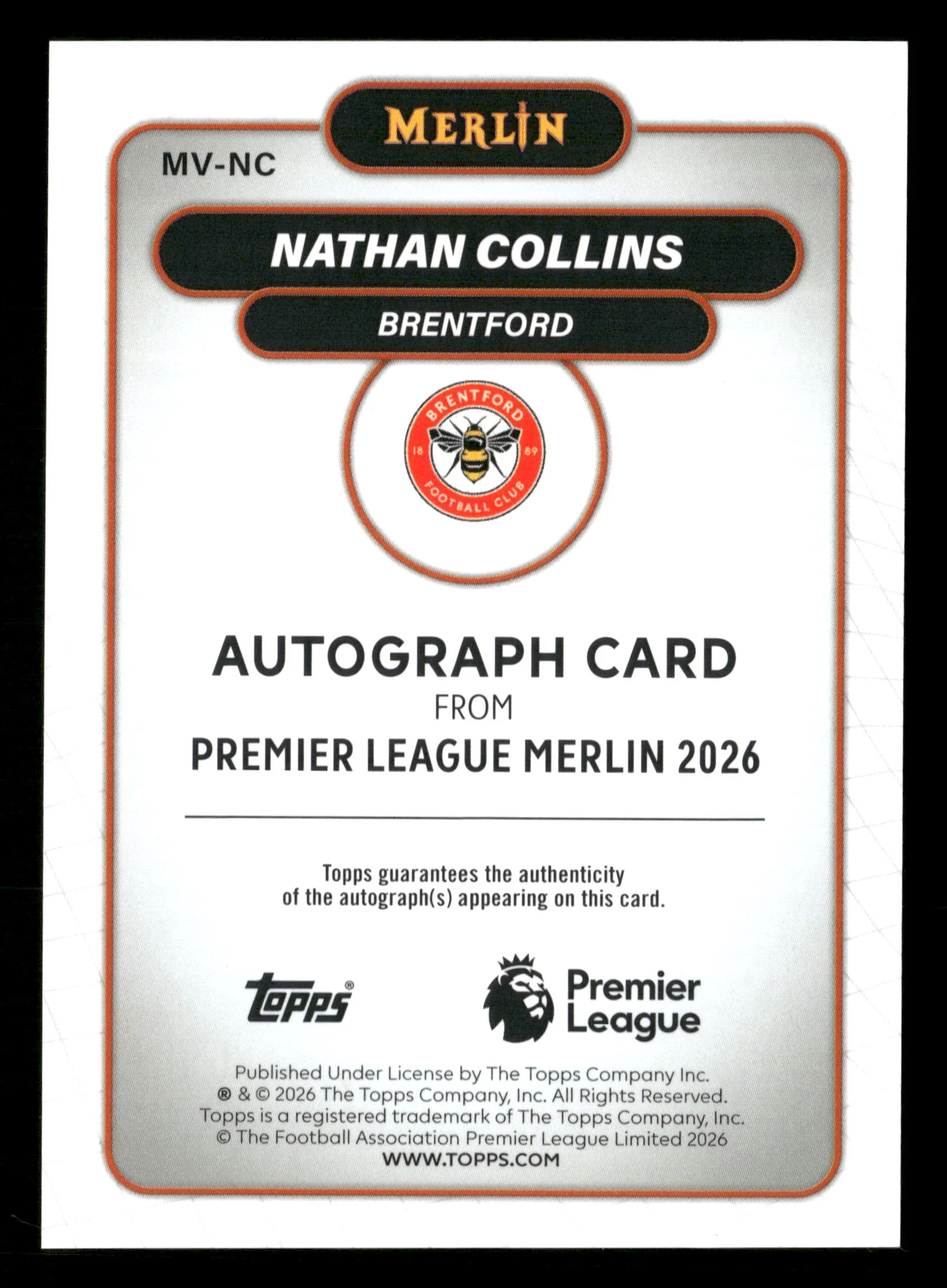 2026 Merlin Premier League #MV-NC Nathan Collins Autographs Green Refractor - Image 2