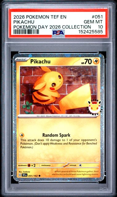 2026 Pokemon Temporal Forces Pokemon Day 2026 Promo 051/162 Pikachu Stamped PSA 10