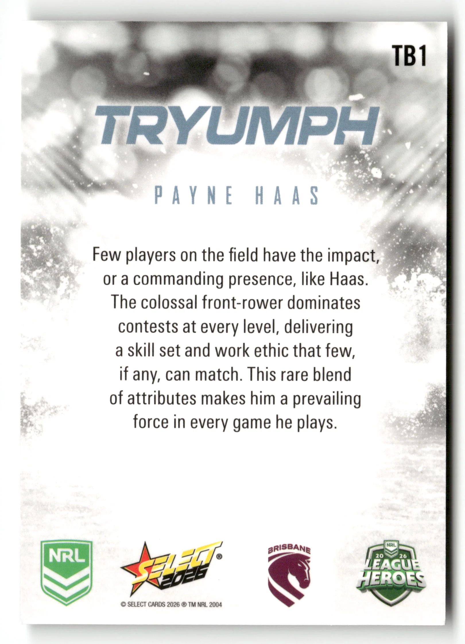 2026 SELECT NRL LEAGUE HEROES TRYUMPH BLACK Payne Haas #28/50 - Image 2