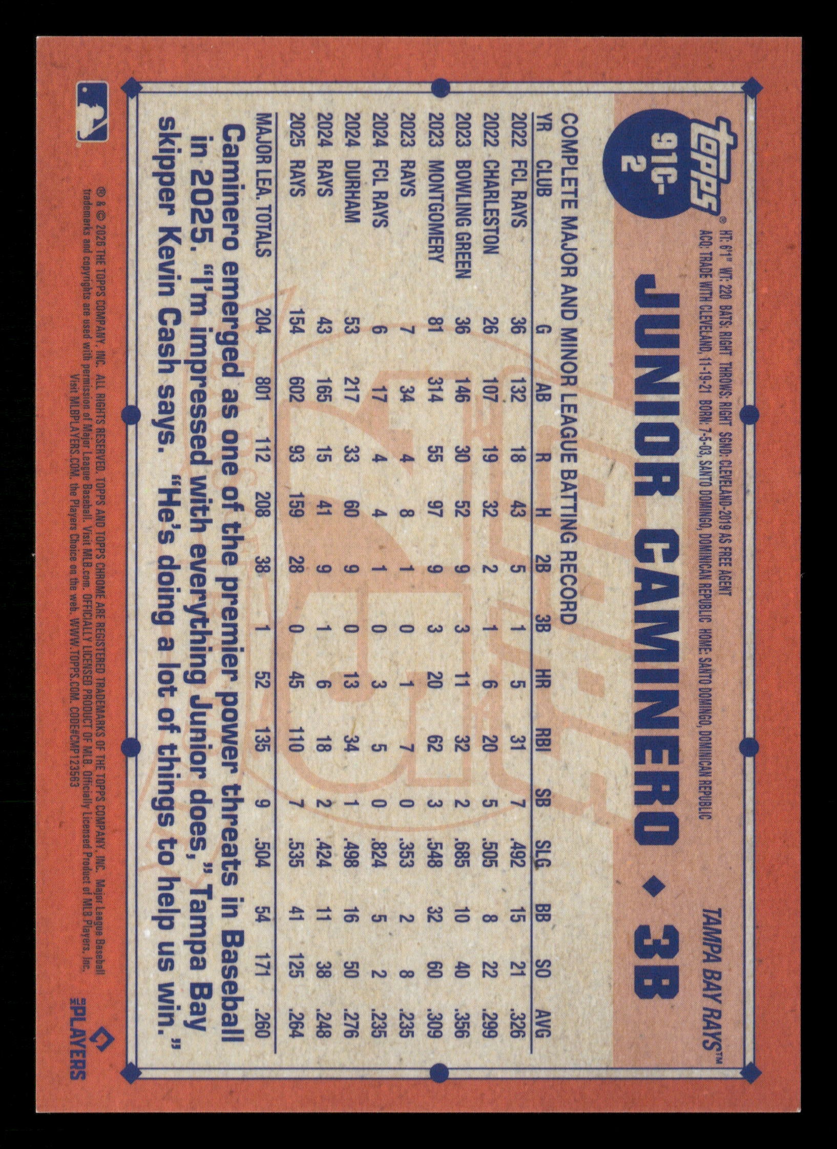 2026 Series One #91C-2 Junior Caminero Chrome Gold Refractor #/50 - Image 2