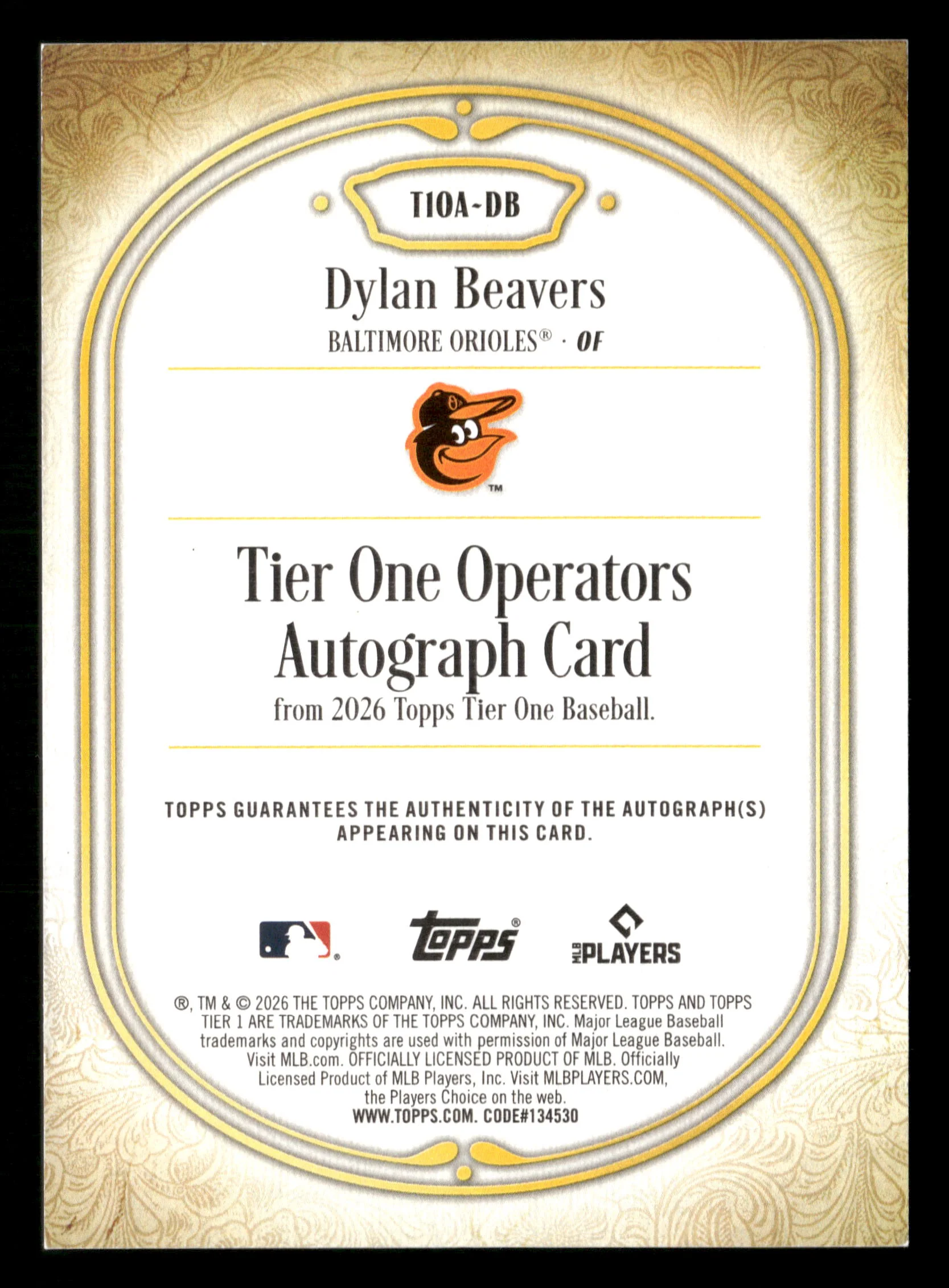 2026 Tier One #T10A-DB Dylan Beavers Operators Auto Blue #/49 - Image 2