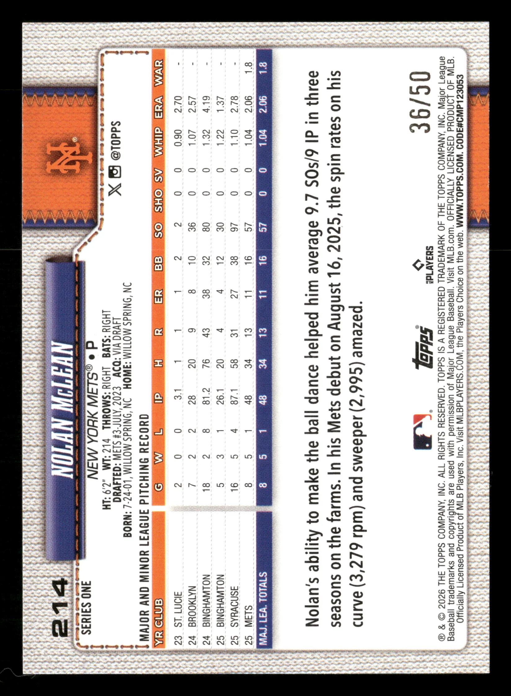 2026 Topps #214 Nolan McLean Canvas #/50 - Image 2