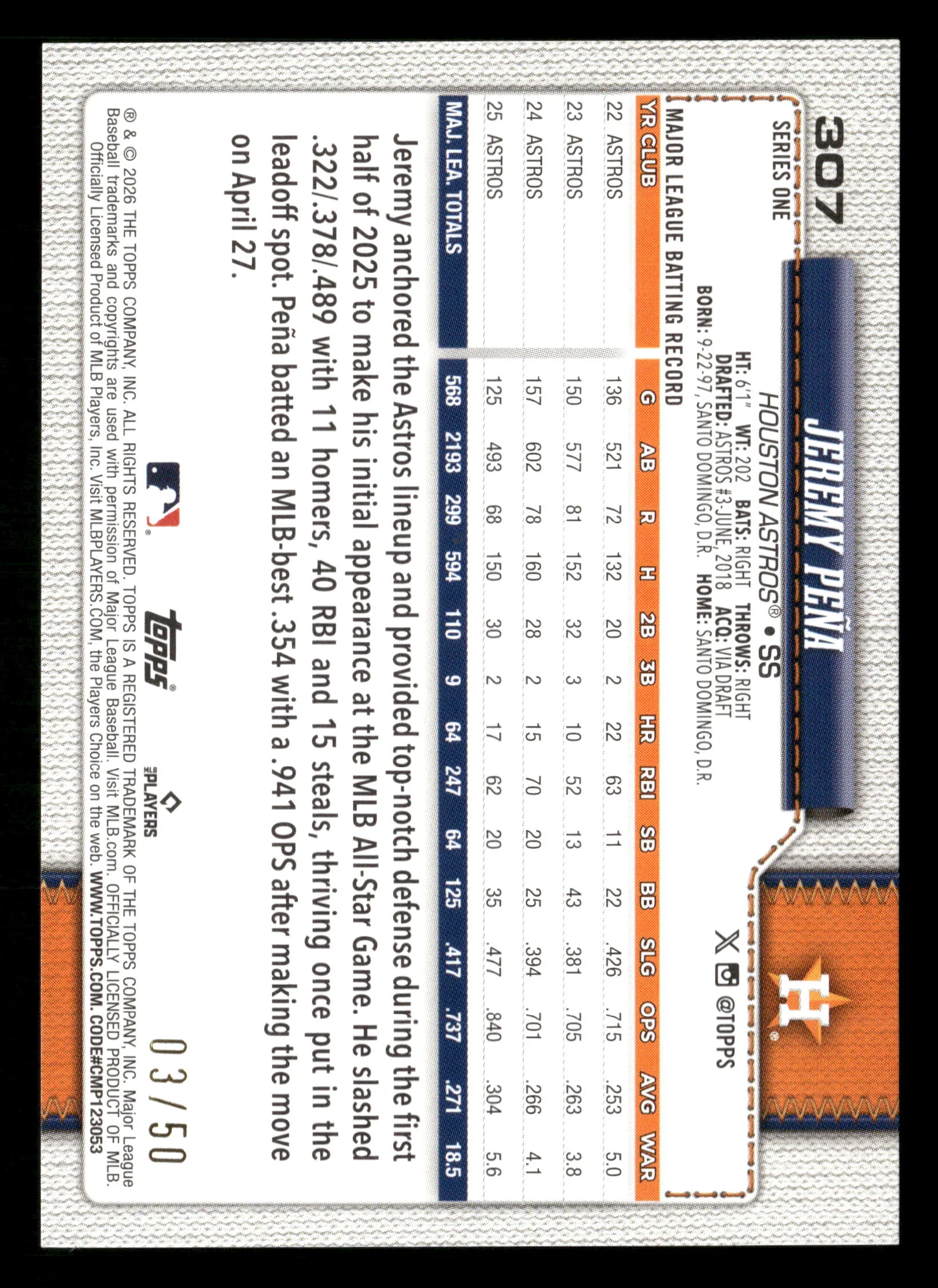 2026 Topps #307 Jeremy Peña Gold Sandglitter #/50 - Image 2