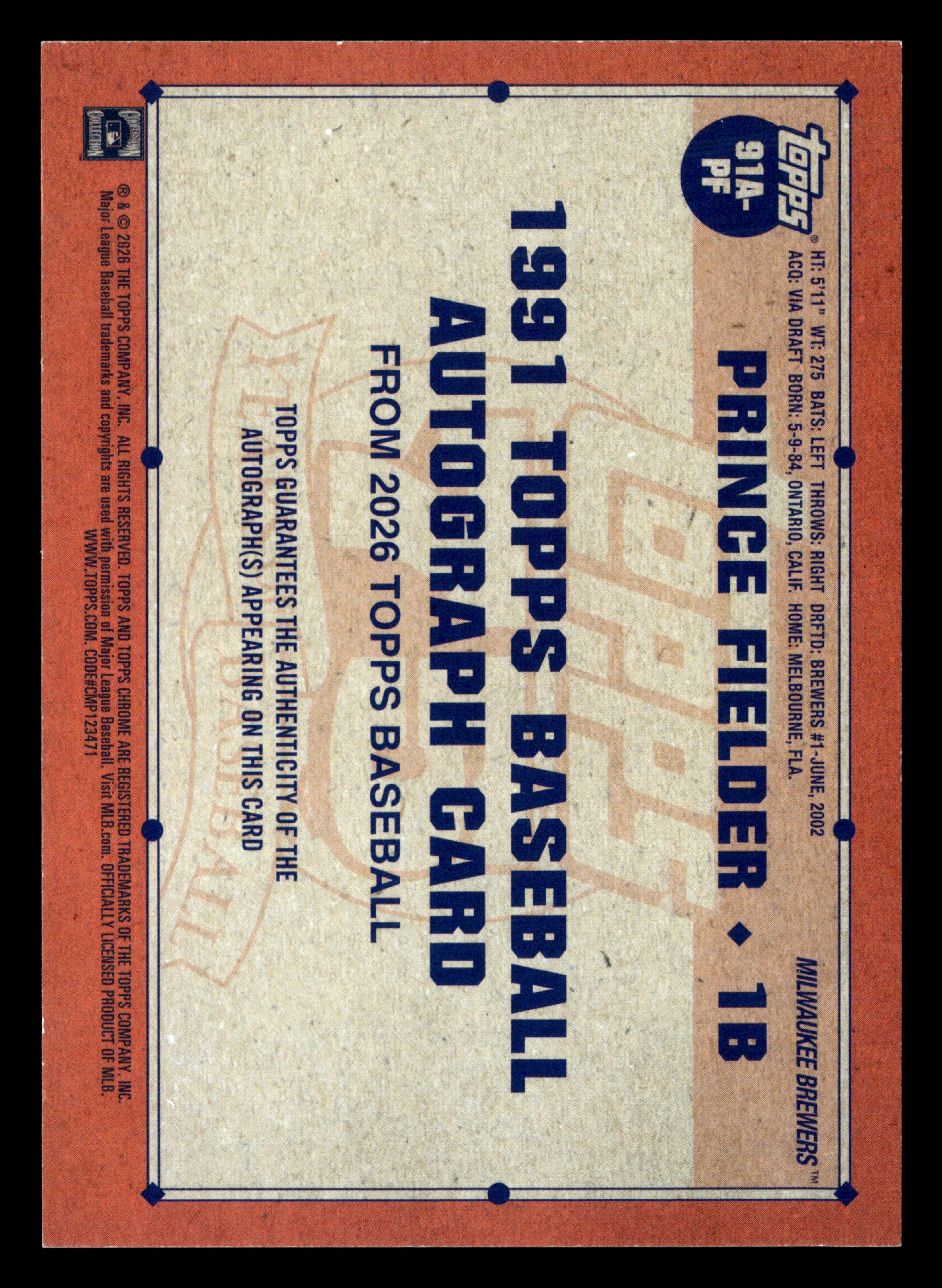 2026 Topps #91A-PF Prince Fielder 35th Anniversary Autographs (Series One) - Image 2