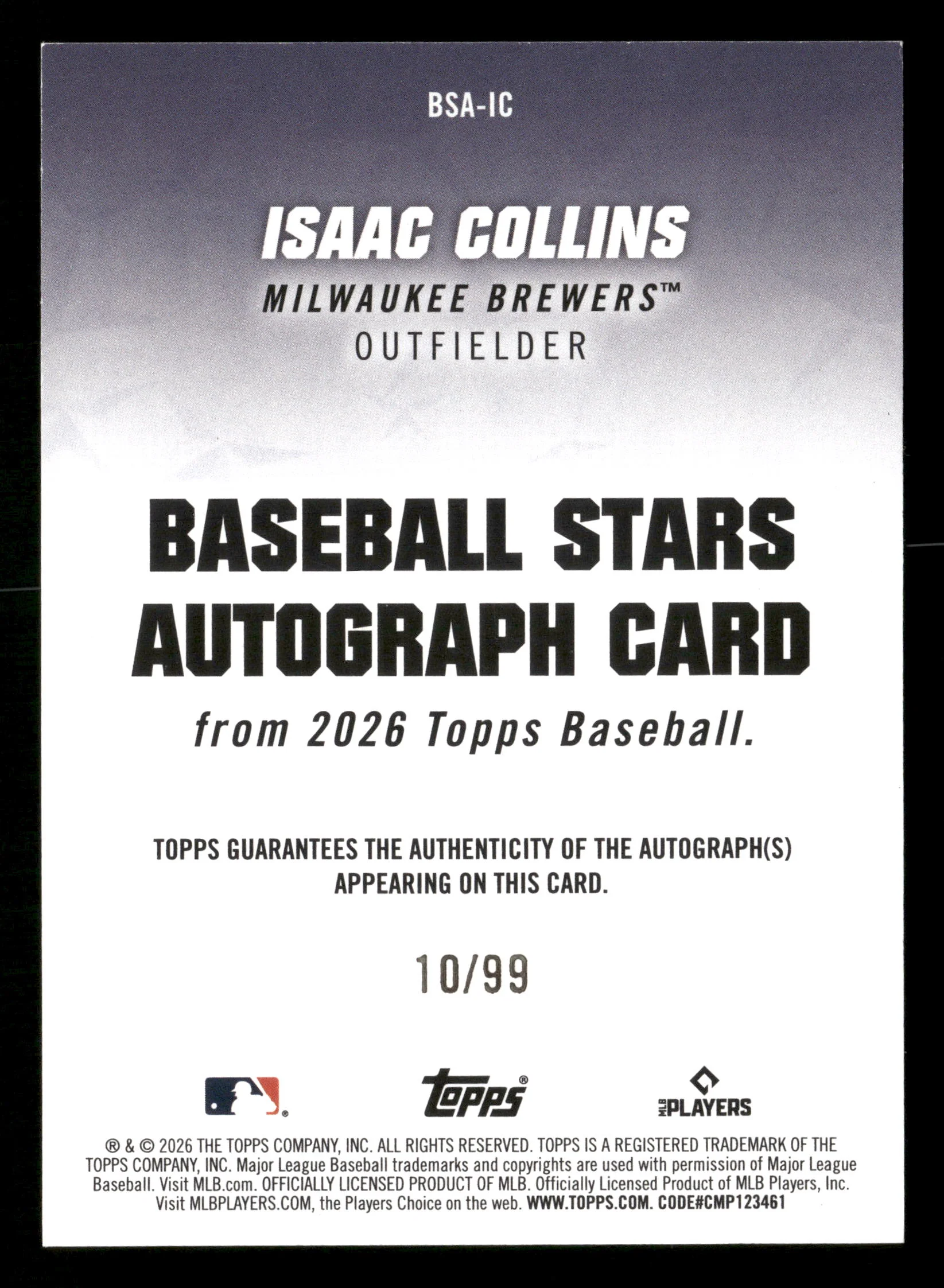 2026 Topps Baseball #BSA-IC Isaac Collins Baseball Stars Autographs Green #/99 - Image 2