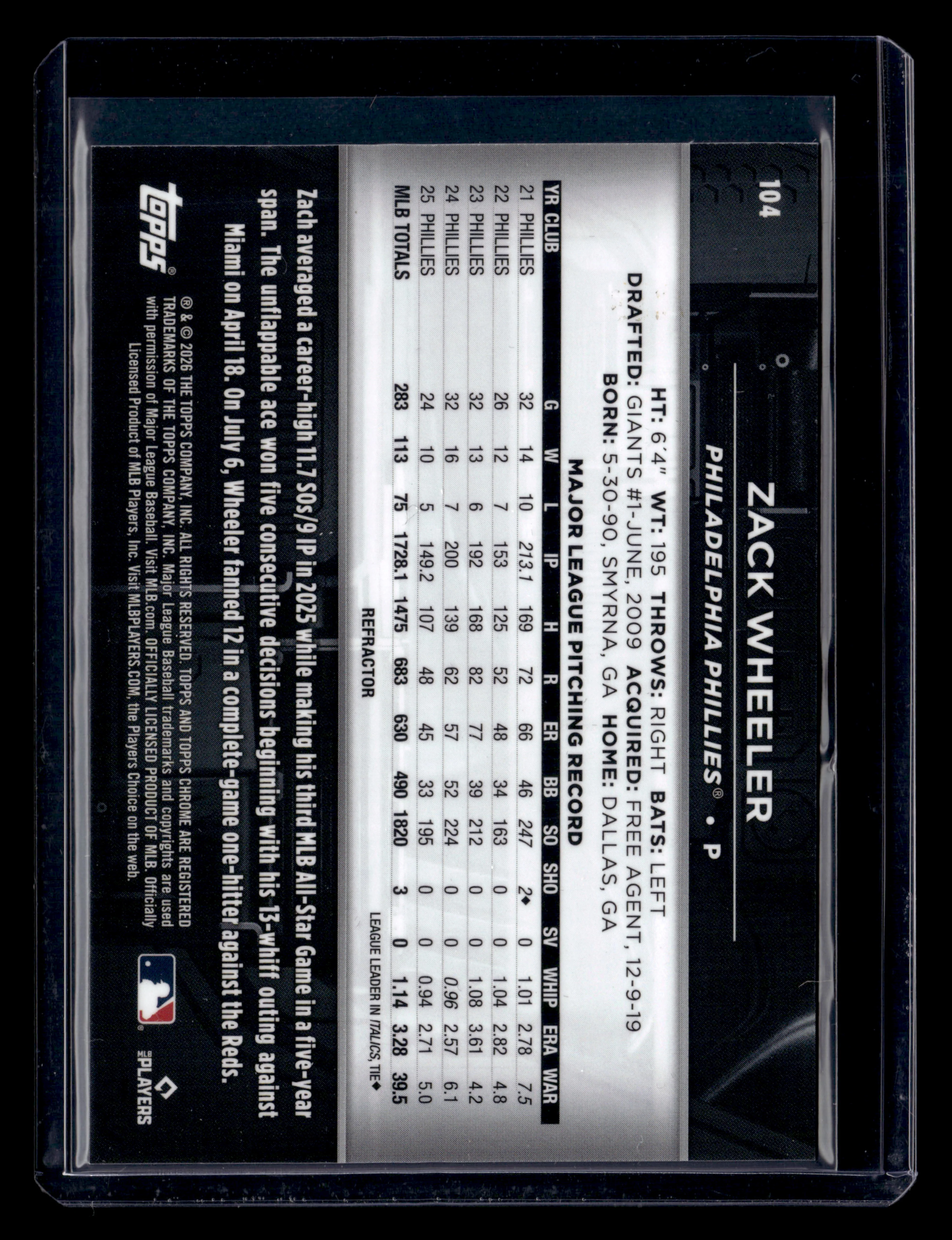 2026 Topps Chrome Black #104 Zack Wheeler Refractor #/199 - Image 2