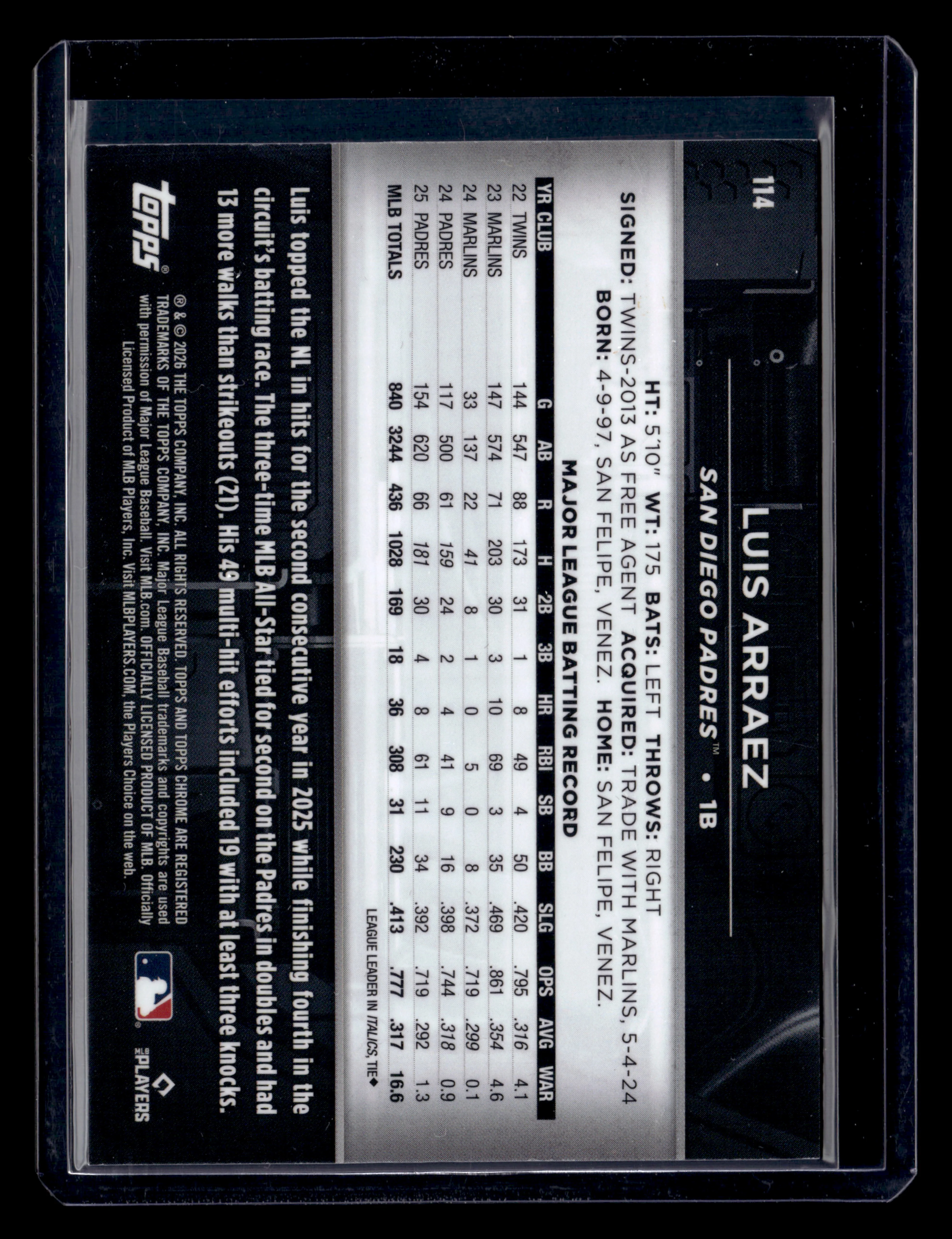 2026 Topps Chrome Black #114 Luis Arraez Purple Refractor #/75 - Image 2