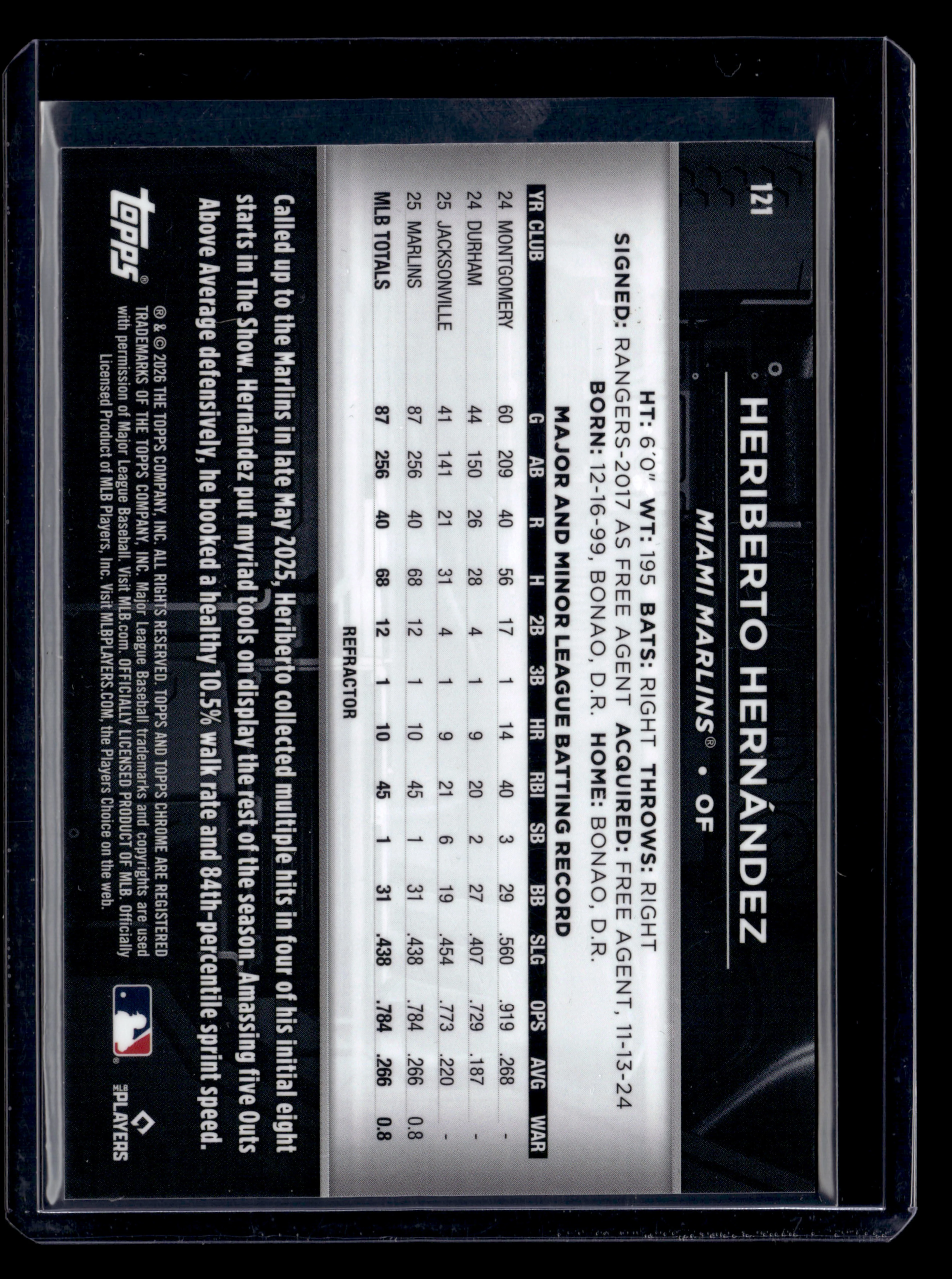 2026 Topps Chrome Black #121 Heriberto Hernández Refractor #/199 Rookie - Image 2