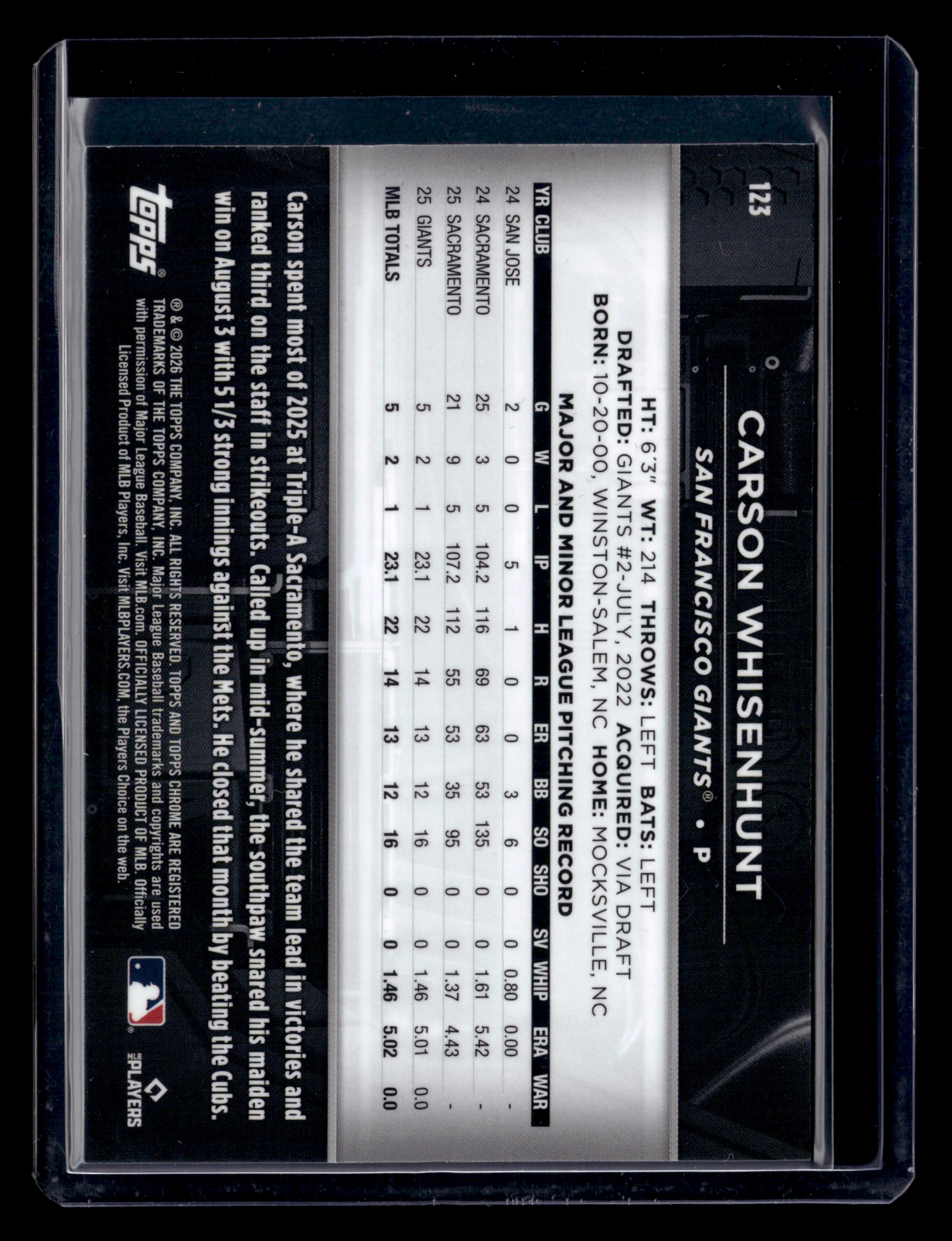 2026 Topps Chrome Black #123 Carson Whisenhunt Gold Mini-Diamond #/50 Rookie - Image 2