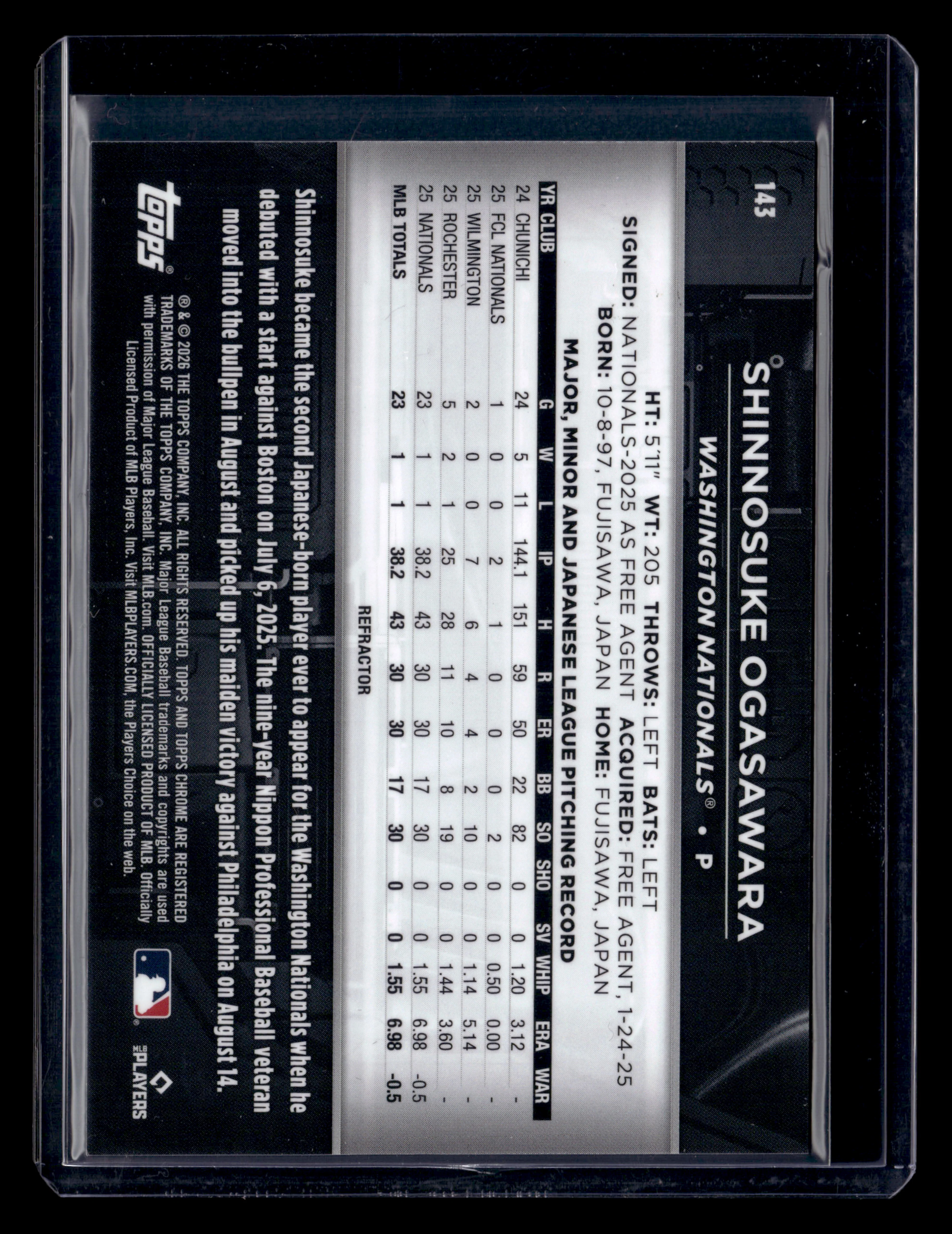 2026 Topps Chrome Black #143 Shinnosuke Ogasawara Refractor #/199 Rookie - Image 2