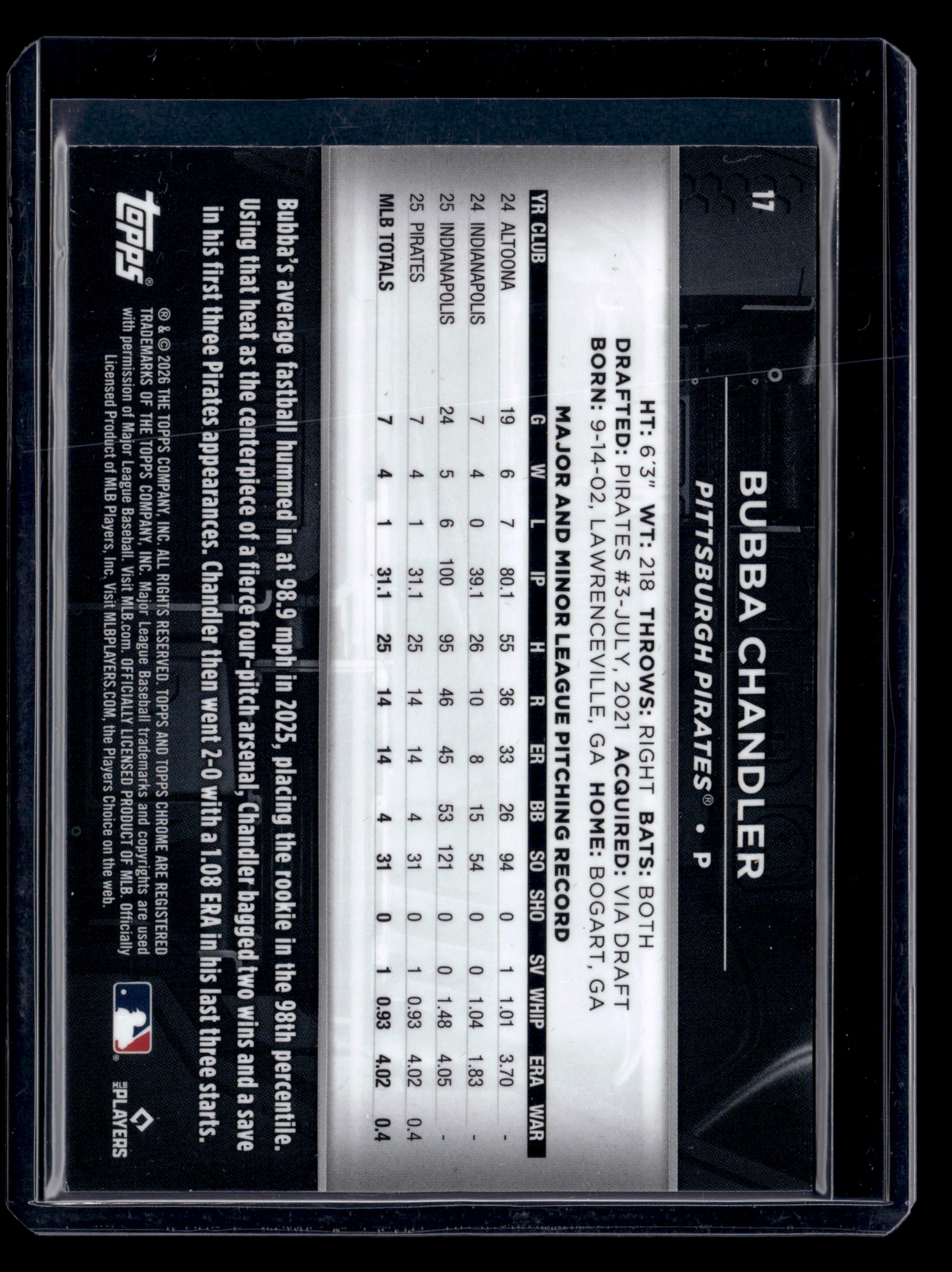 2026 Topps Chrome Black #17 Bubba Chandler Blue Refractor #/150 Rookie - Image 2