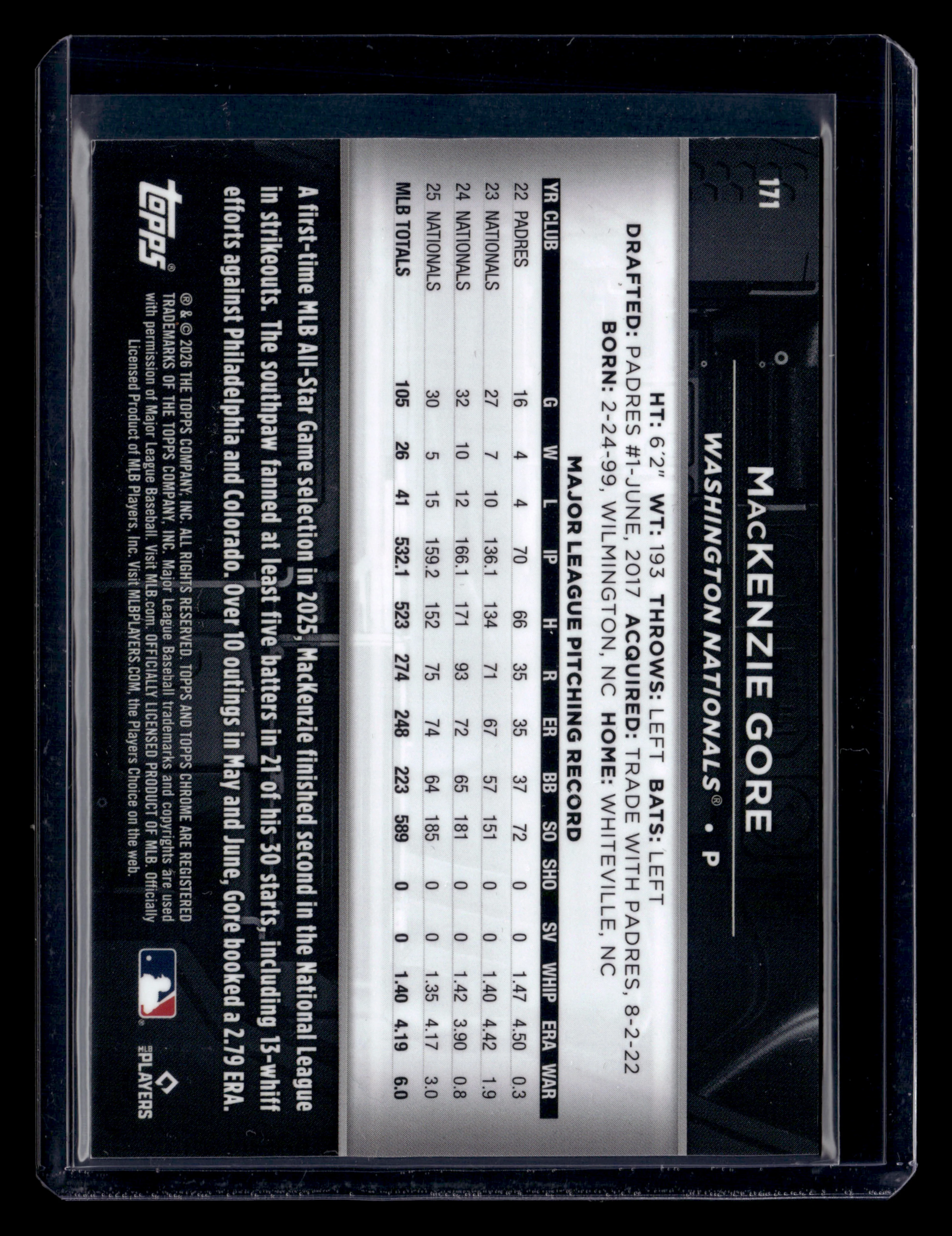 2026 Topps Chrome Black #171 MacKenzie Gore Blue Refractor #/150 - Image 2
