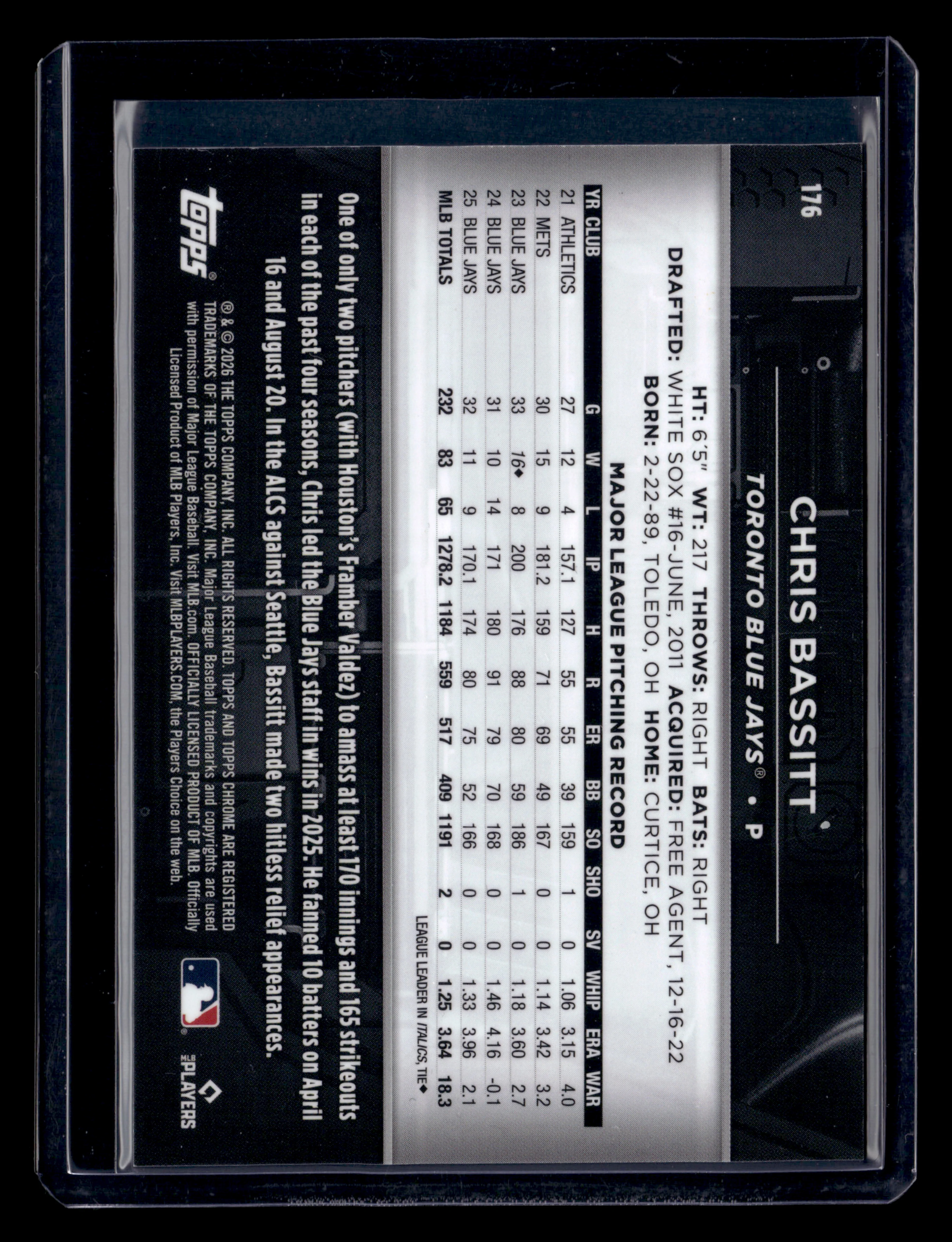 2026 Topps Chrome Black #176 Chris Bassitt Green Refractor #/99 - Image 2