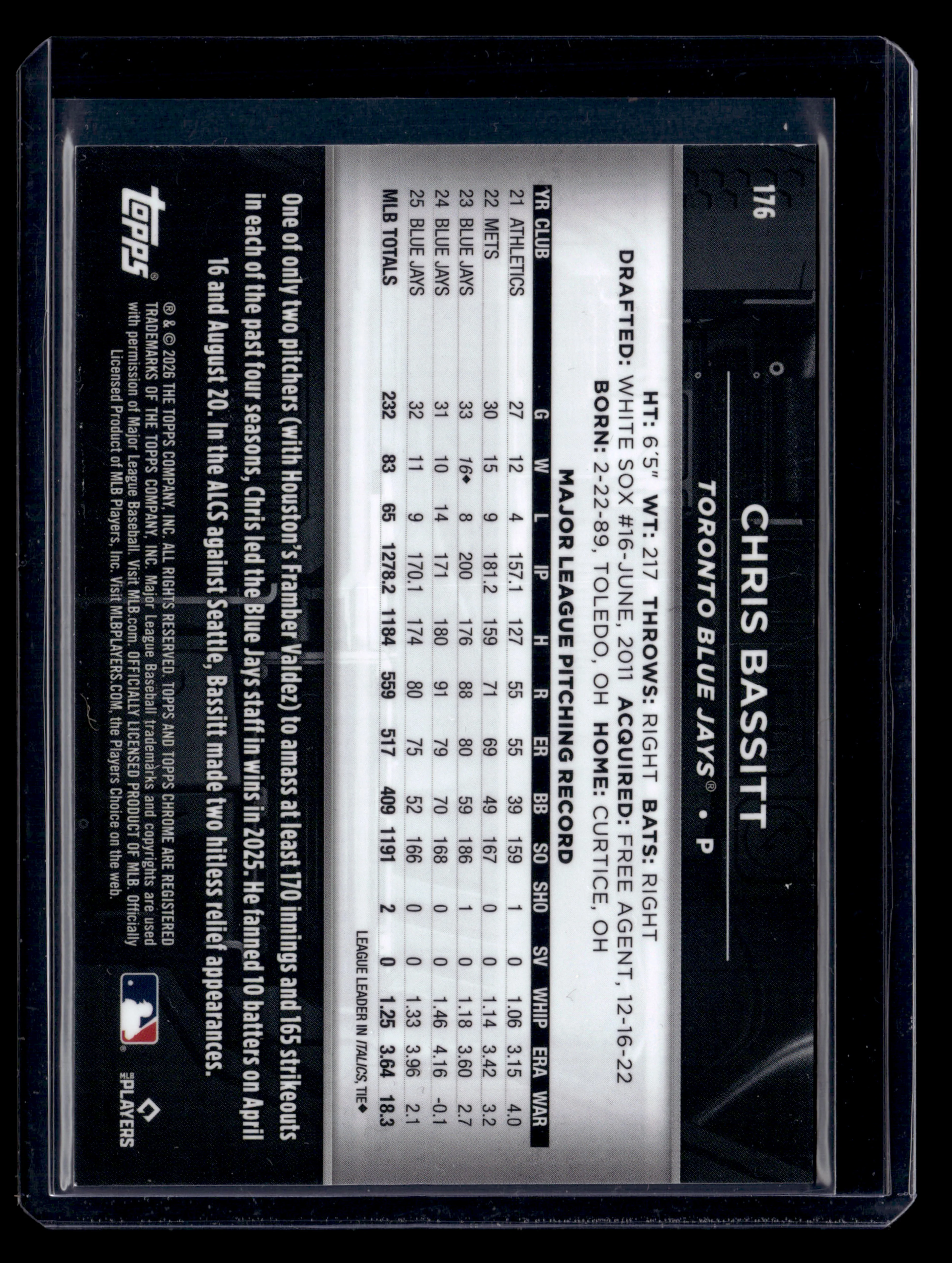 2026 Topps Chrome Black #176 Chris Bassitt Orange Mini-Diamond Refractor #/25 - Image 2