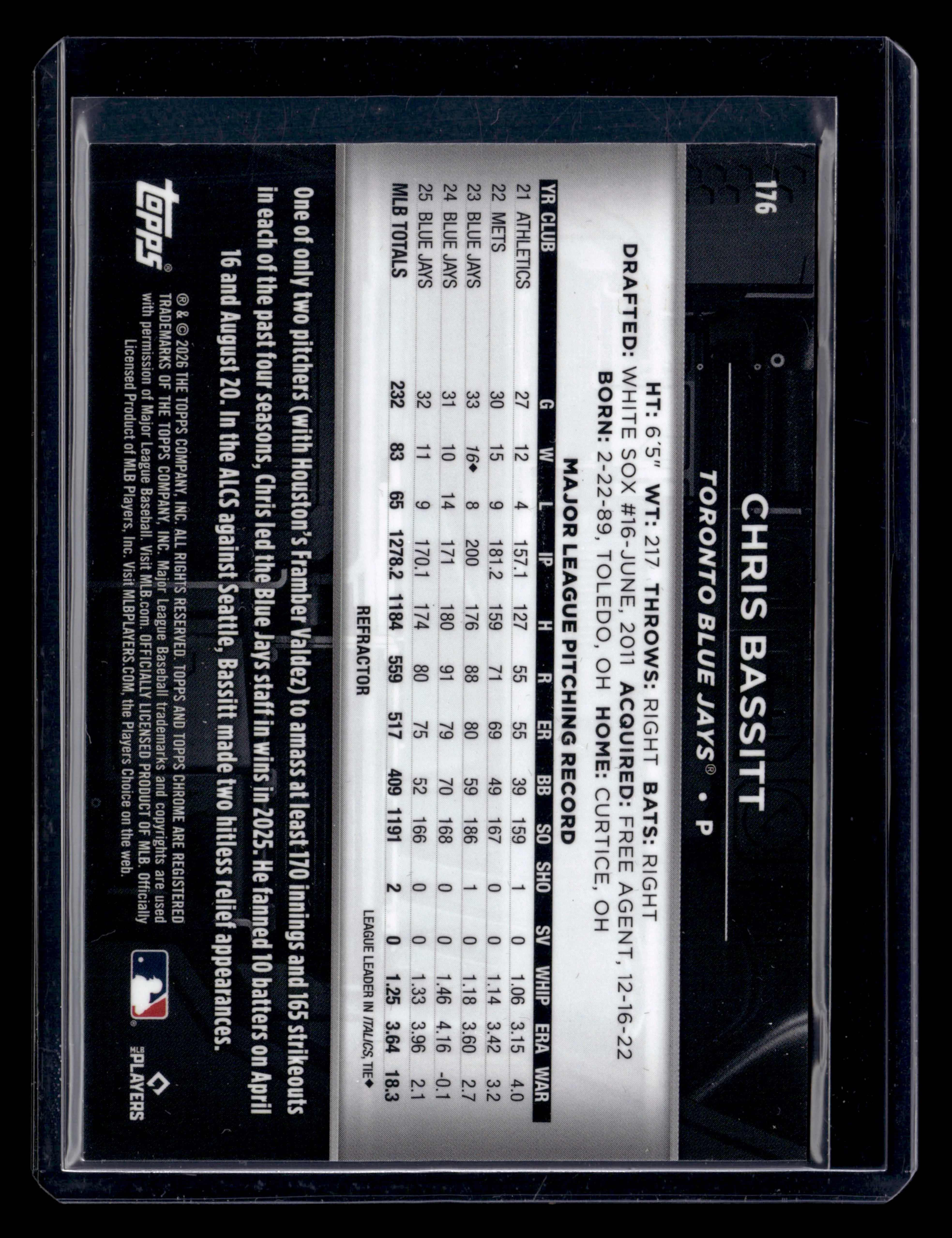 2026 Topps Chrome Black #176 Chris Bassitt Refractor #/199 - Image 2