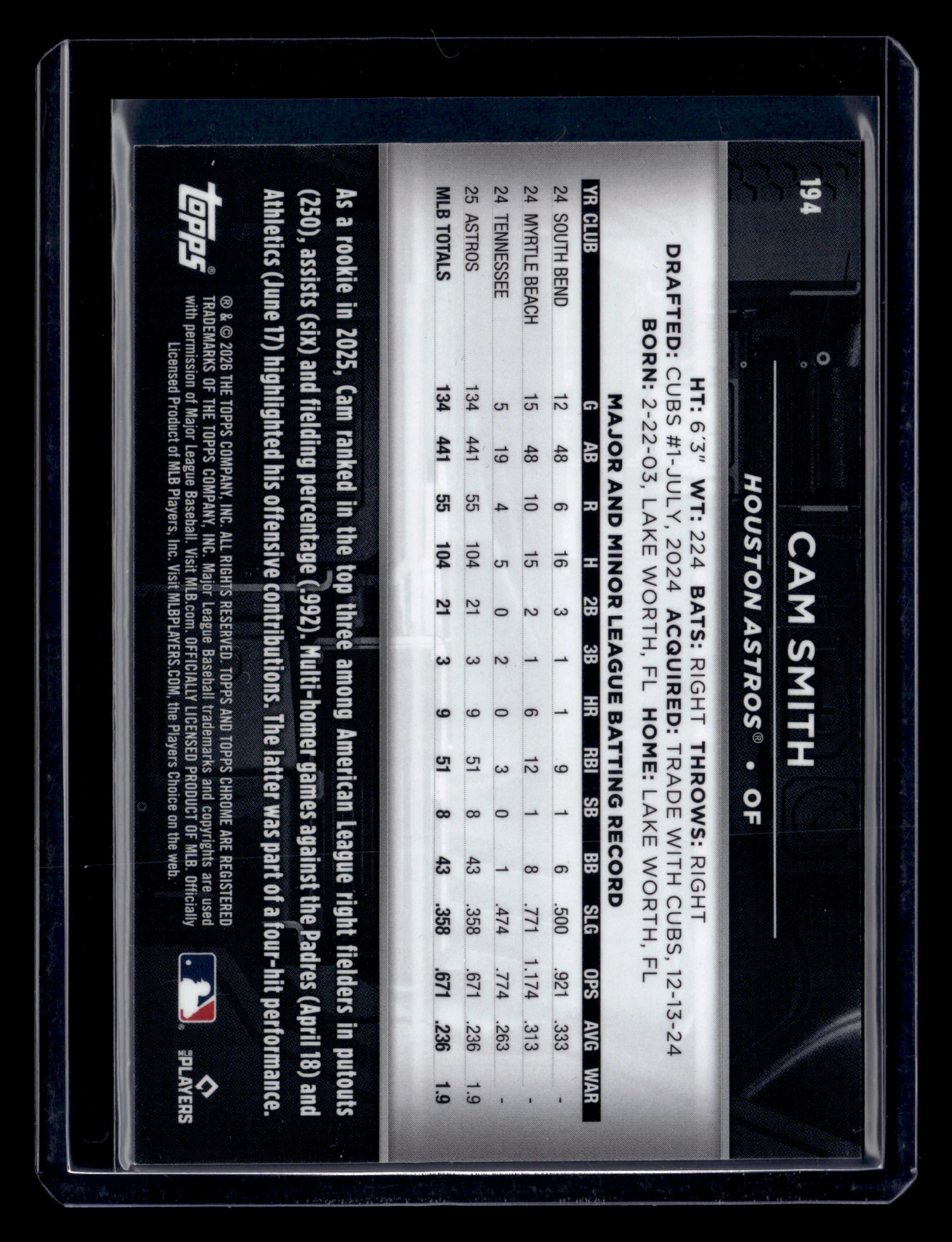 2026 Topps Chrome Black #194 Cam Smith Gold Mini-Diamond Refractor #/50 - Image 2