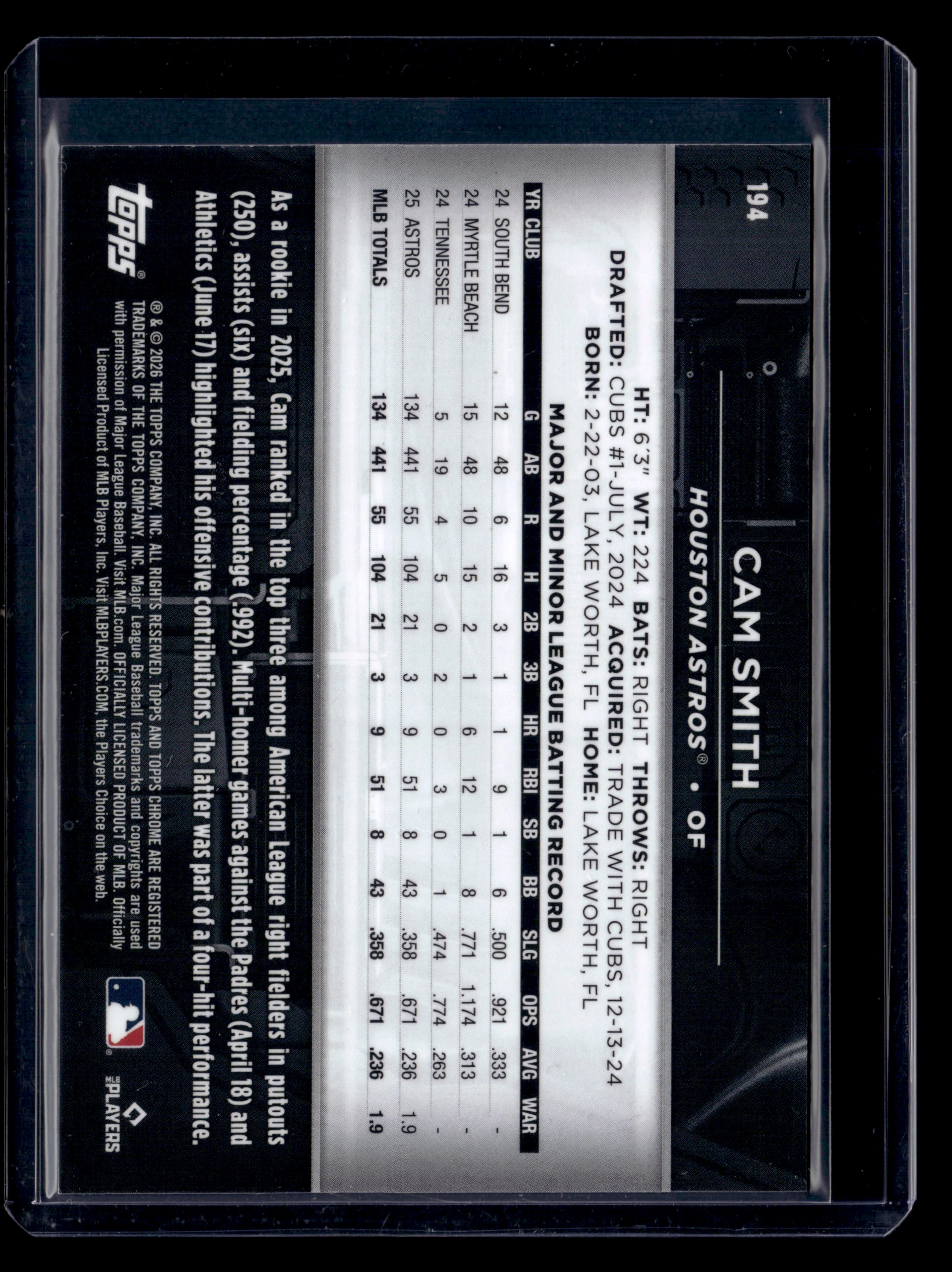 2026 Topps Chrome Black #194 Cam Smith Gold Refractor #/50 - Image 2