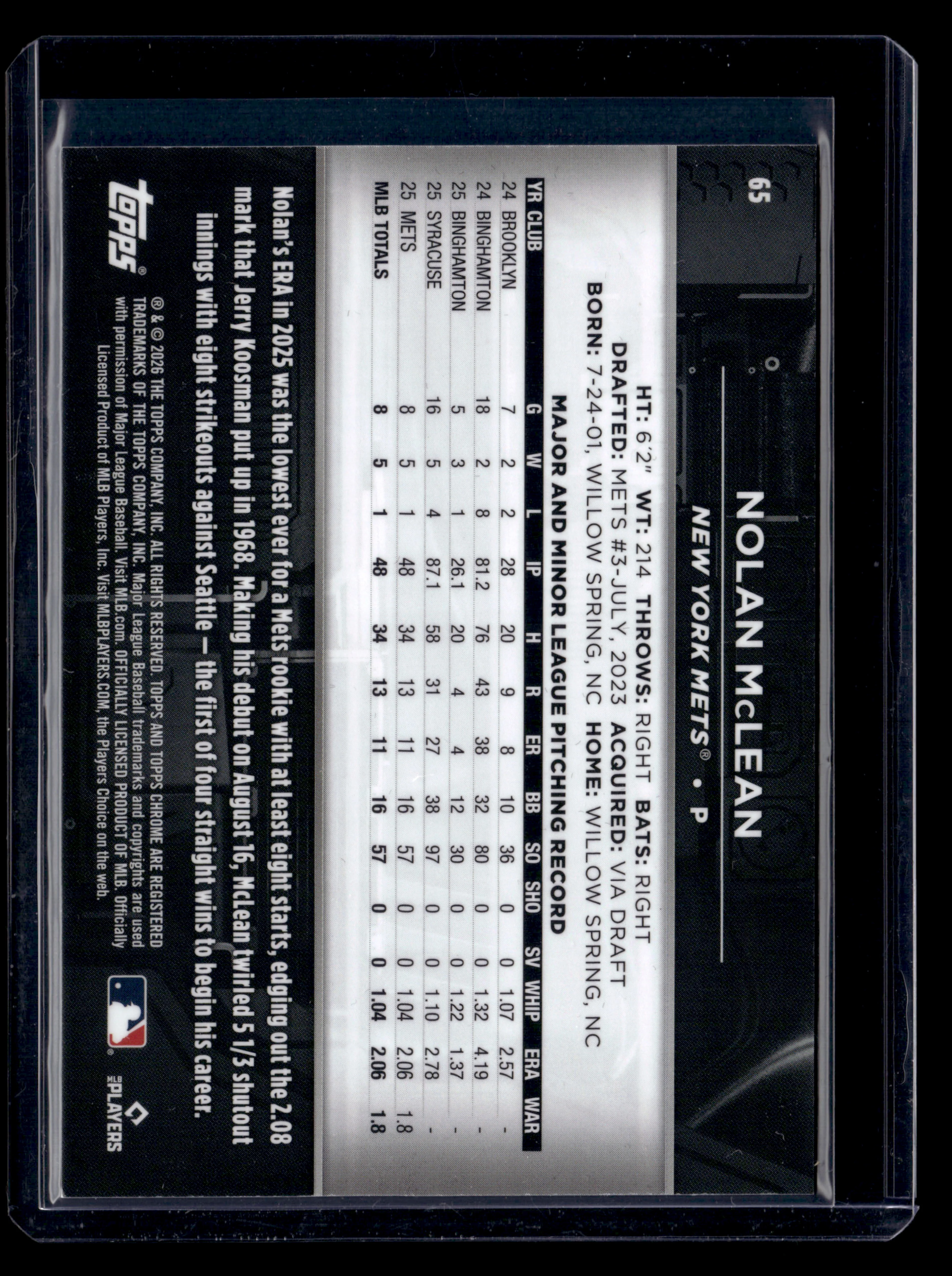 2026 Topps Chrome Black #65 Nolan McLean Rookie Variation SP - Image 2