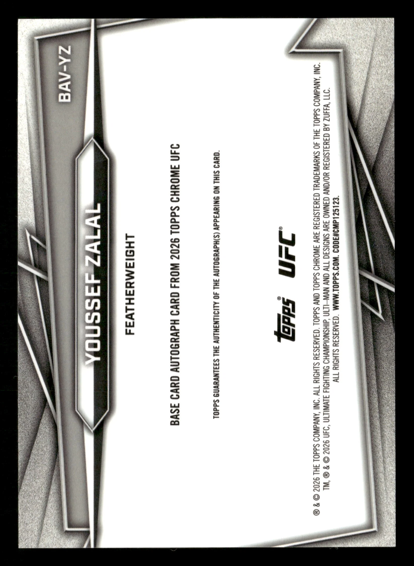 2026 Topps Chrome UFC Sapphire #BAV-YZ Youssef Zalal Auto Orange Sapphire #/25 - Image 4