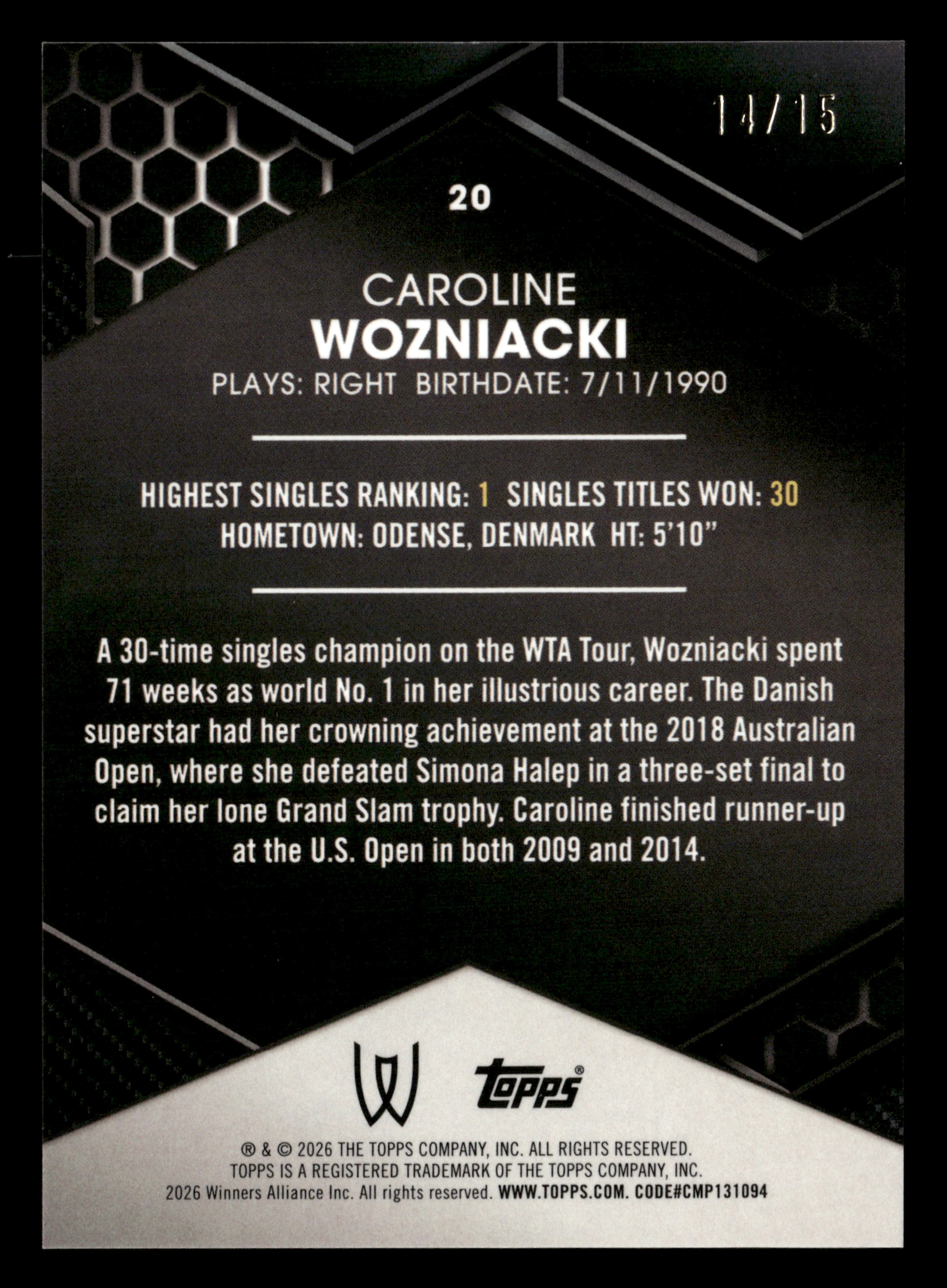 2026 Topps Graphite #20 Caroline Wozniacki Pink Refractor #/15 - Image 2