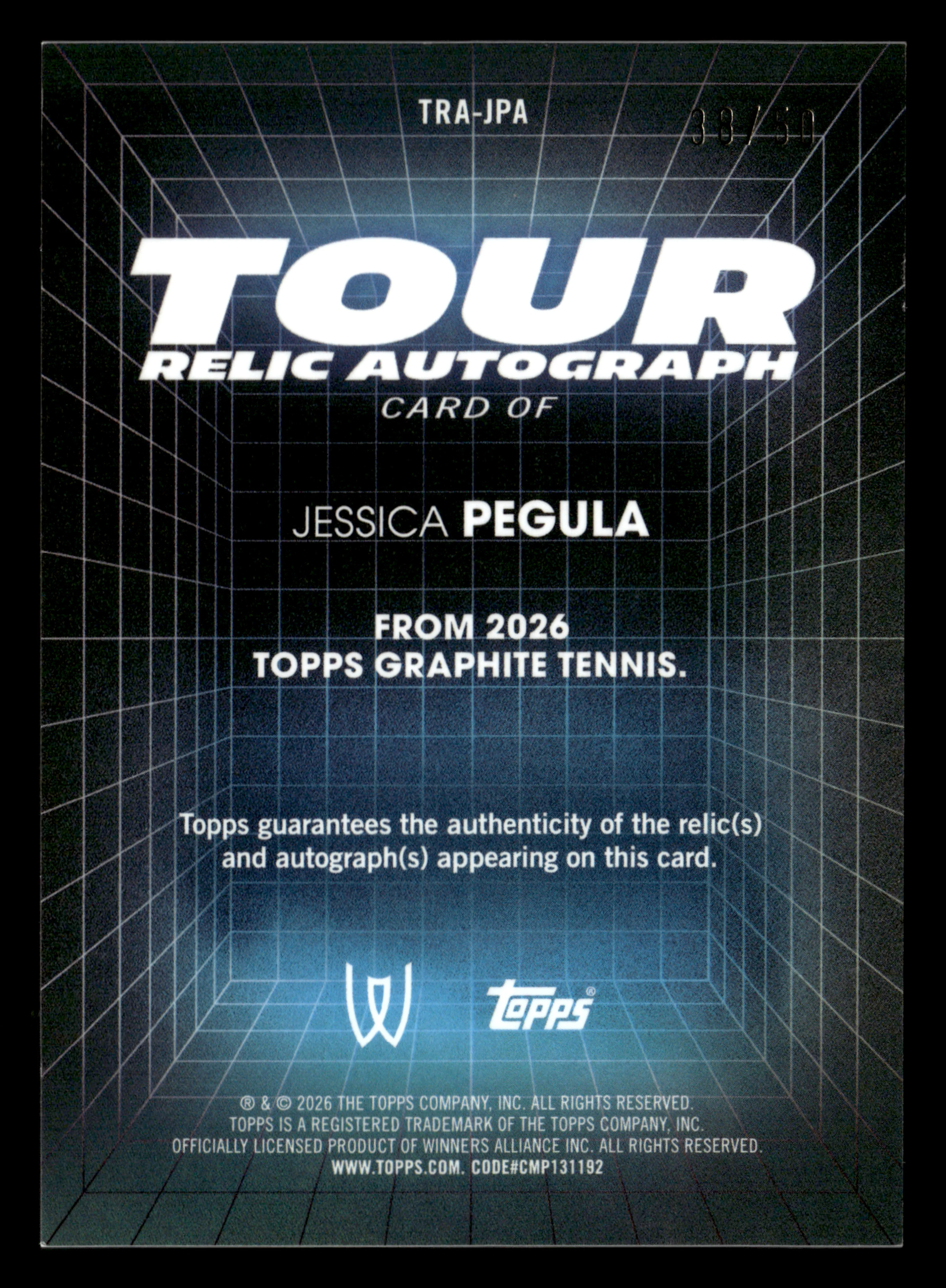 2026 Topps Graphite #TRA-JPA Jessica Pegula Tour Relic Autographs Blue #/50 - Image 2