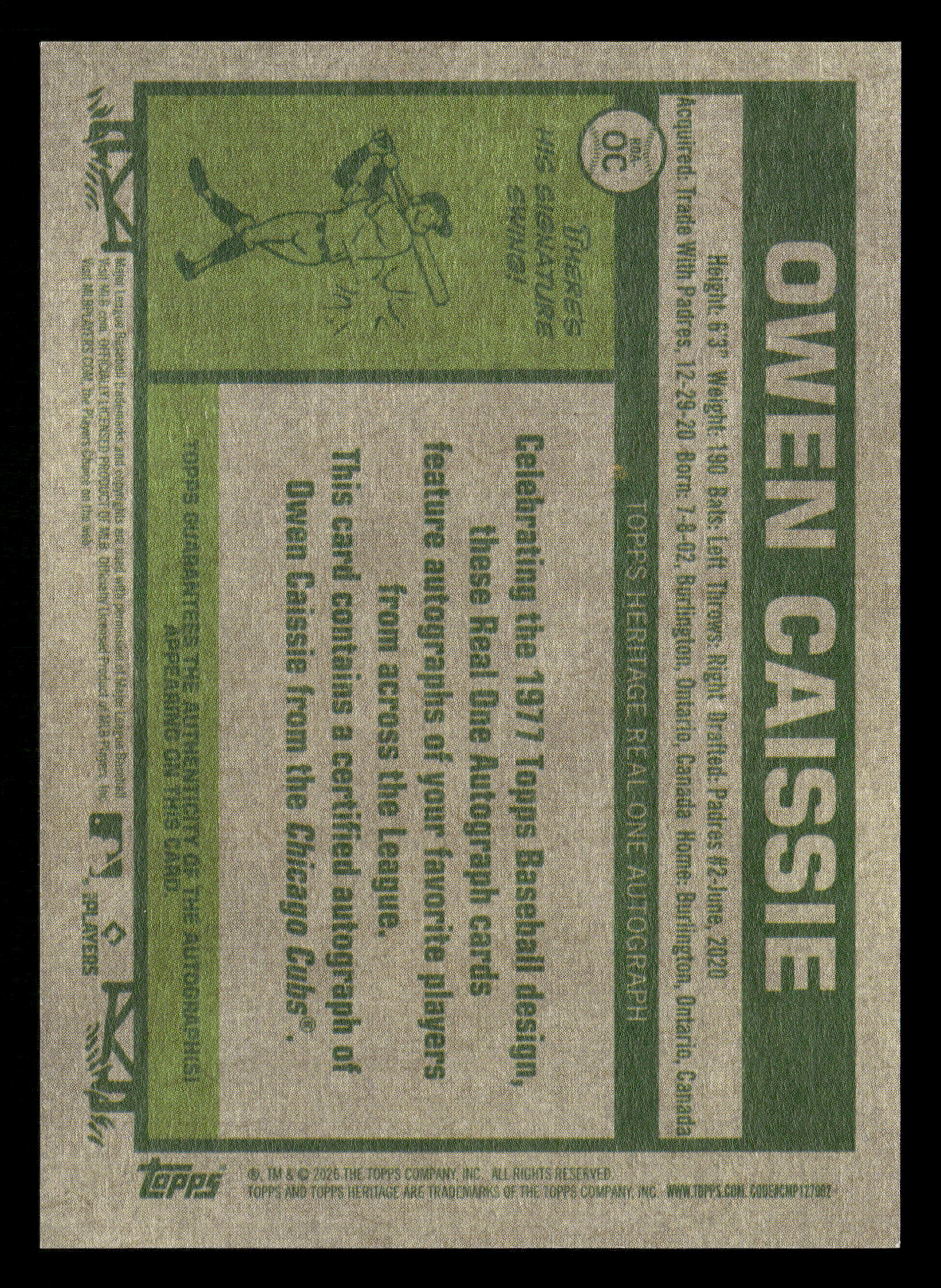 2026 Topps Heritage #ROA-OC Owen Caissie Real One Autographs - Image 2