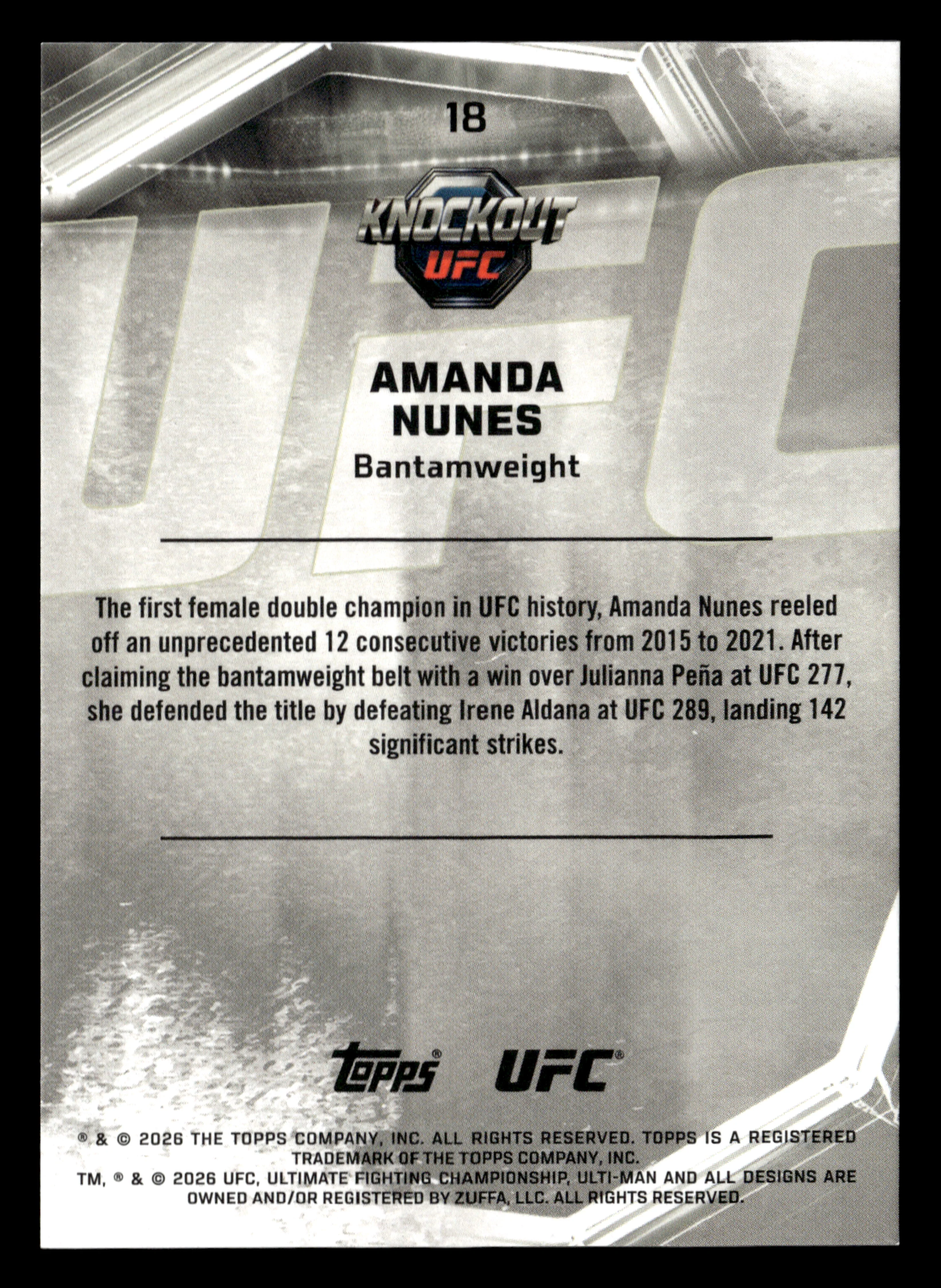 2026 Topps Knockout UFC #18 Amanda Nunes Bronze #/299 - Image 2