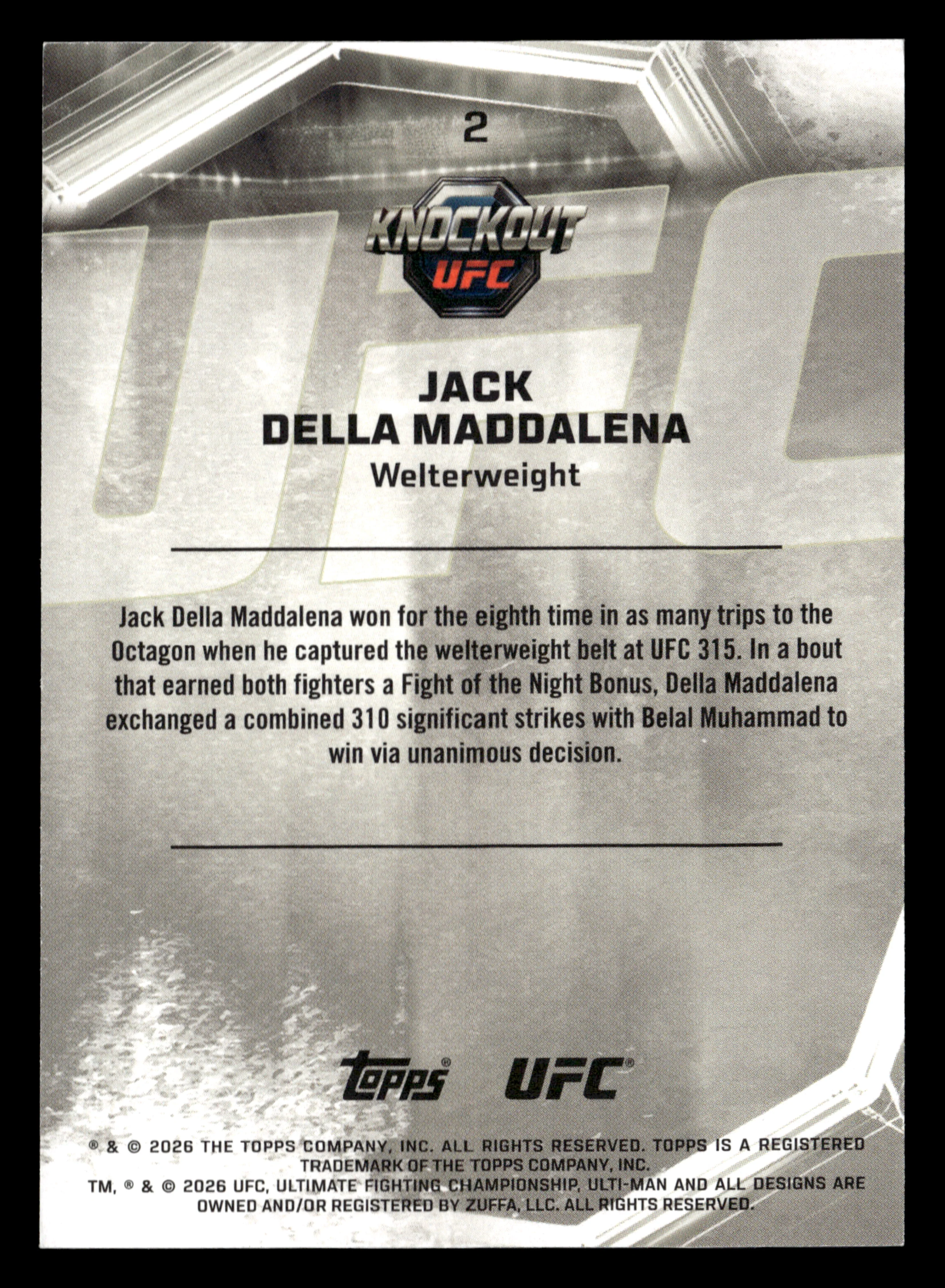 2026 Topps Knockout UFC #2 Jack Della Maddalena Bronze #/299 - Image 2
