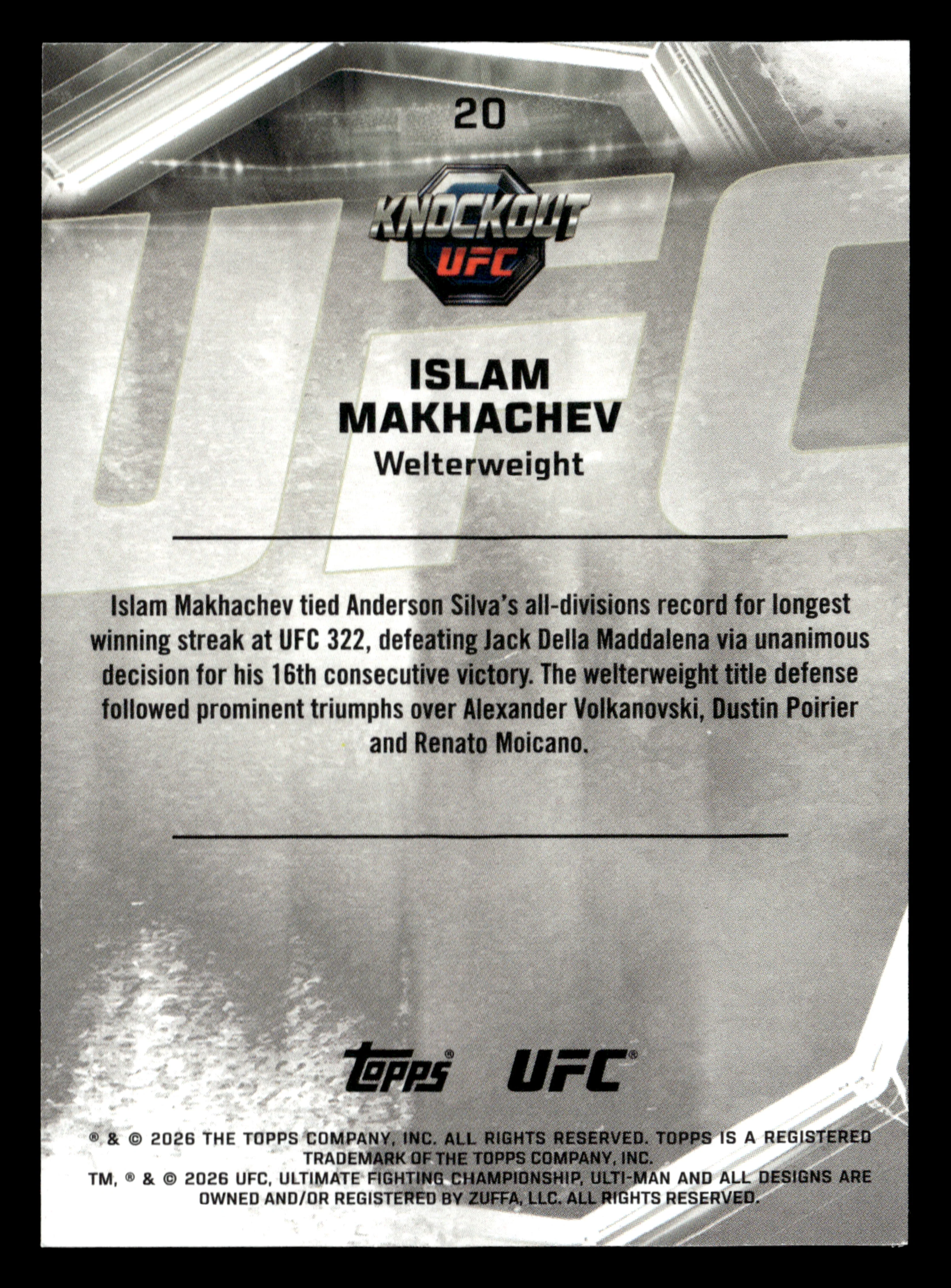 2026 Topps Knockout UFC #20 Islam Makhachev Teal #/149 - Image 2