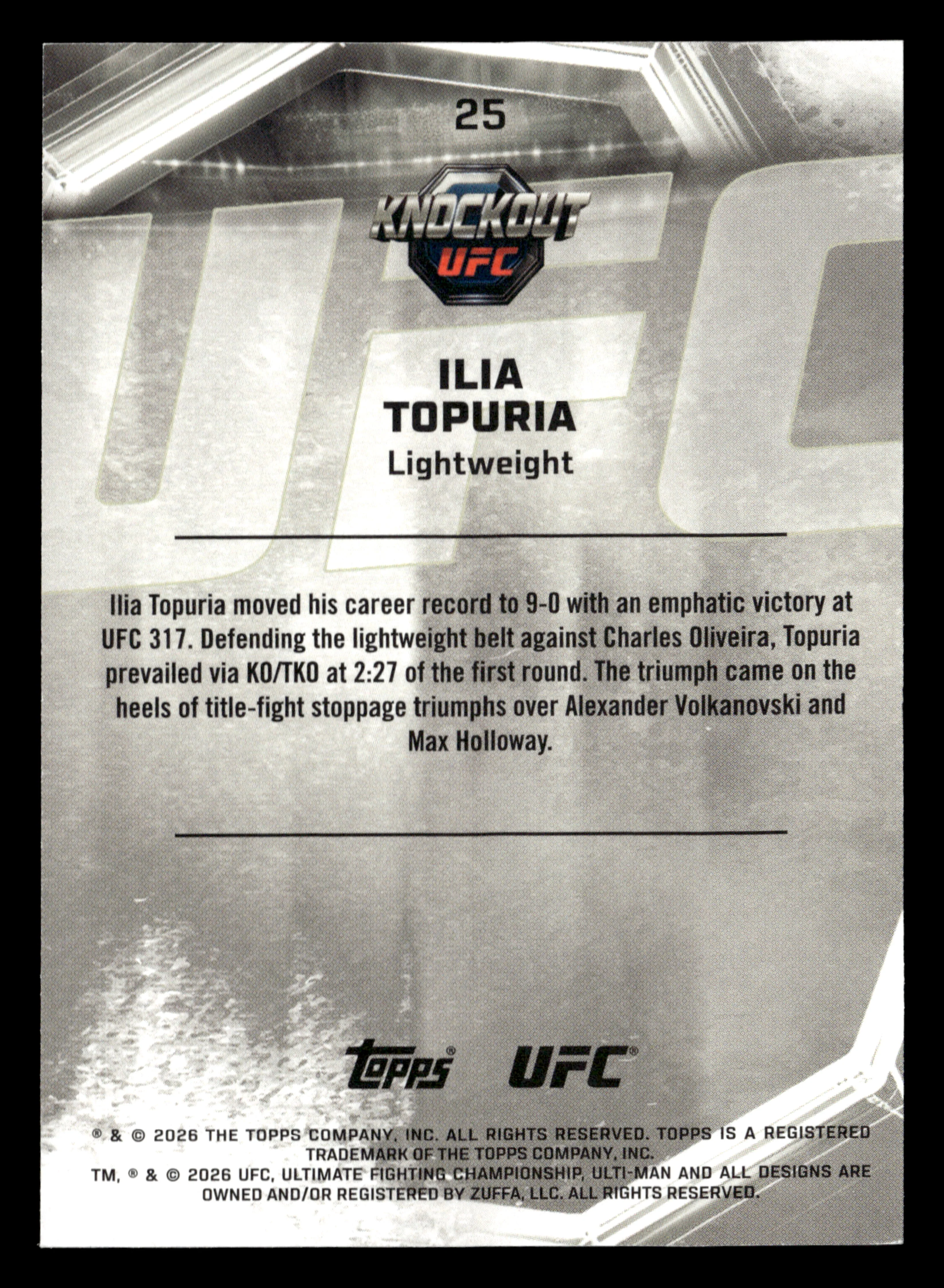 2026 Topps Knockout UFC #25 Ilia Topuria Holo Silver #/125 - Image 2