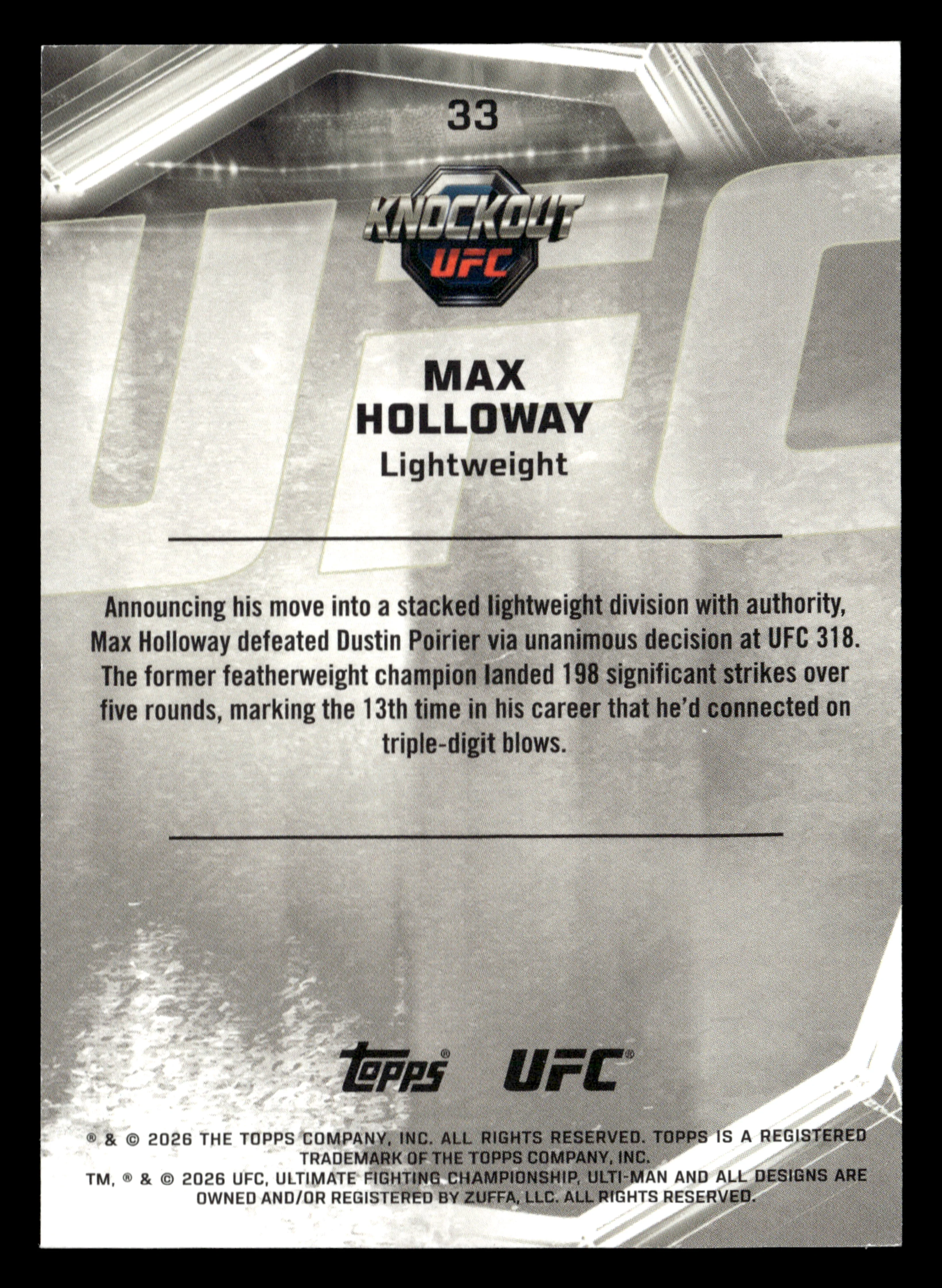 2026 Topps Knockout UFC #33 Max Holloway Bronze #/299 - Image 2