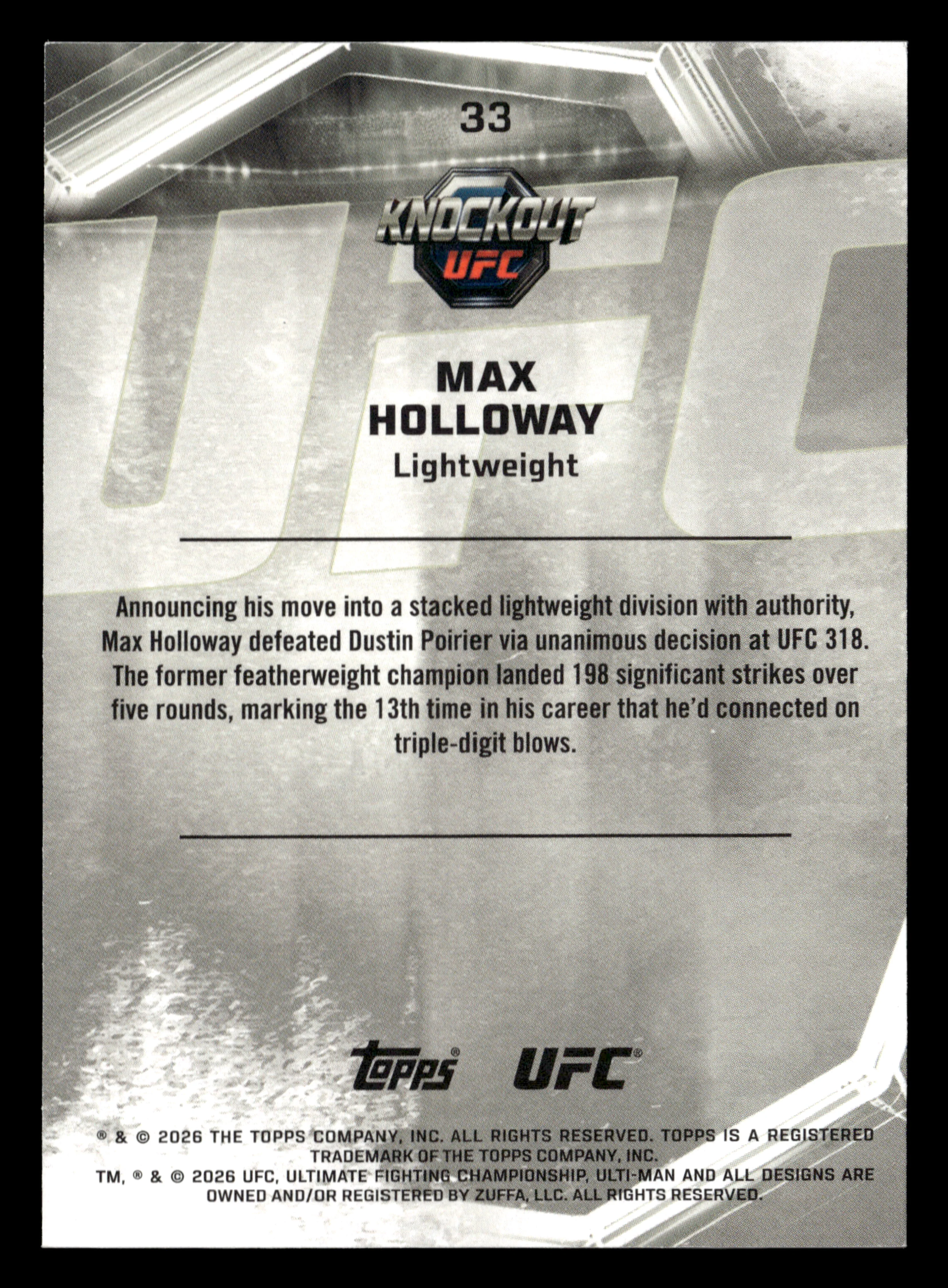 2026 Topps Knockout UFC #33 Max Holloway Orange #/88 - Image 2