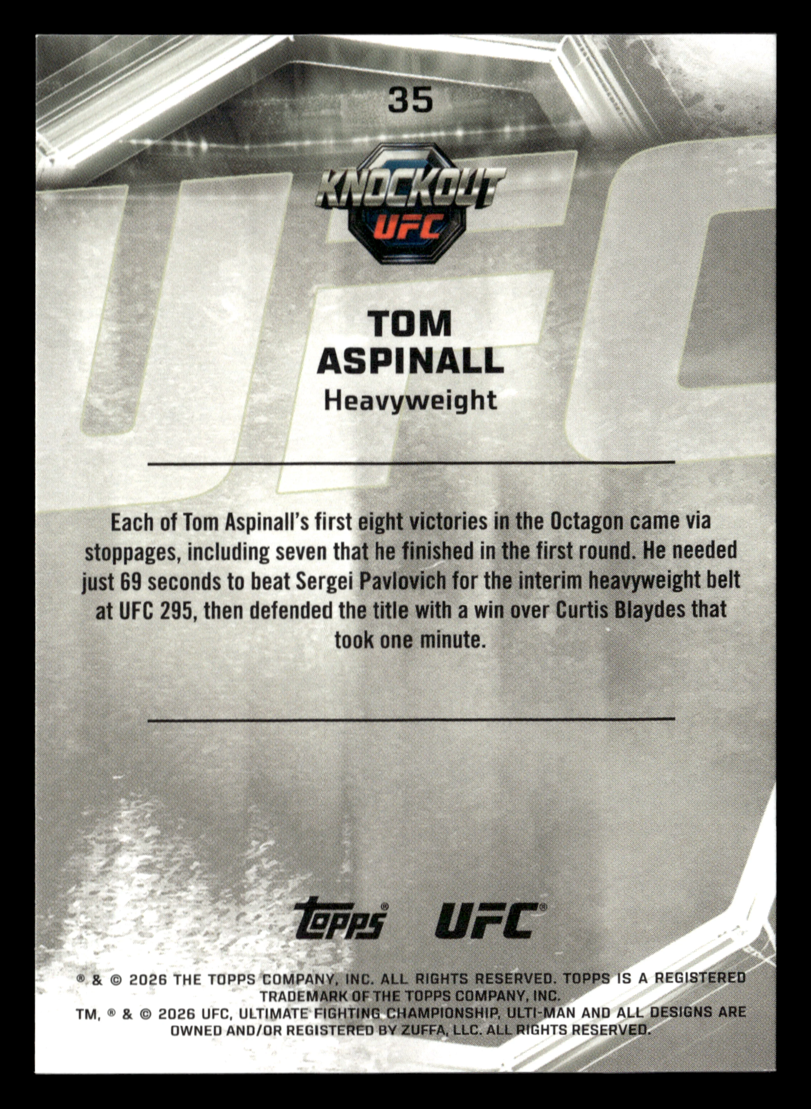 2026 Topps Knockout UFC #35 Tom Aspinall Black & White #/15 - Image 2