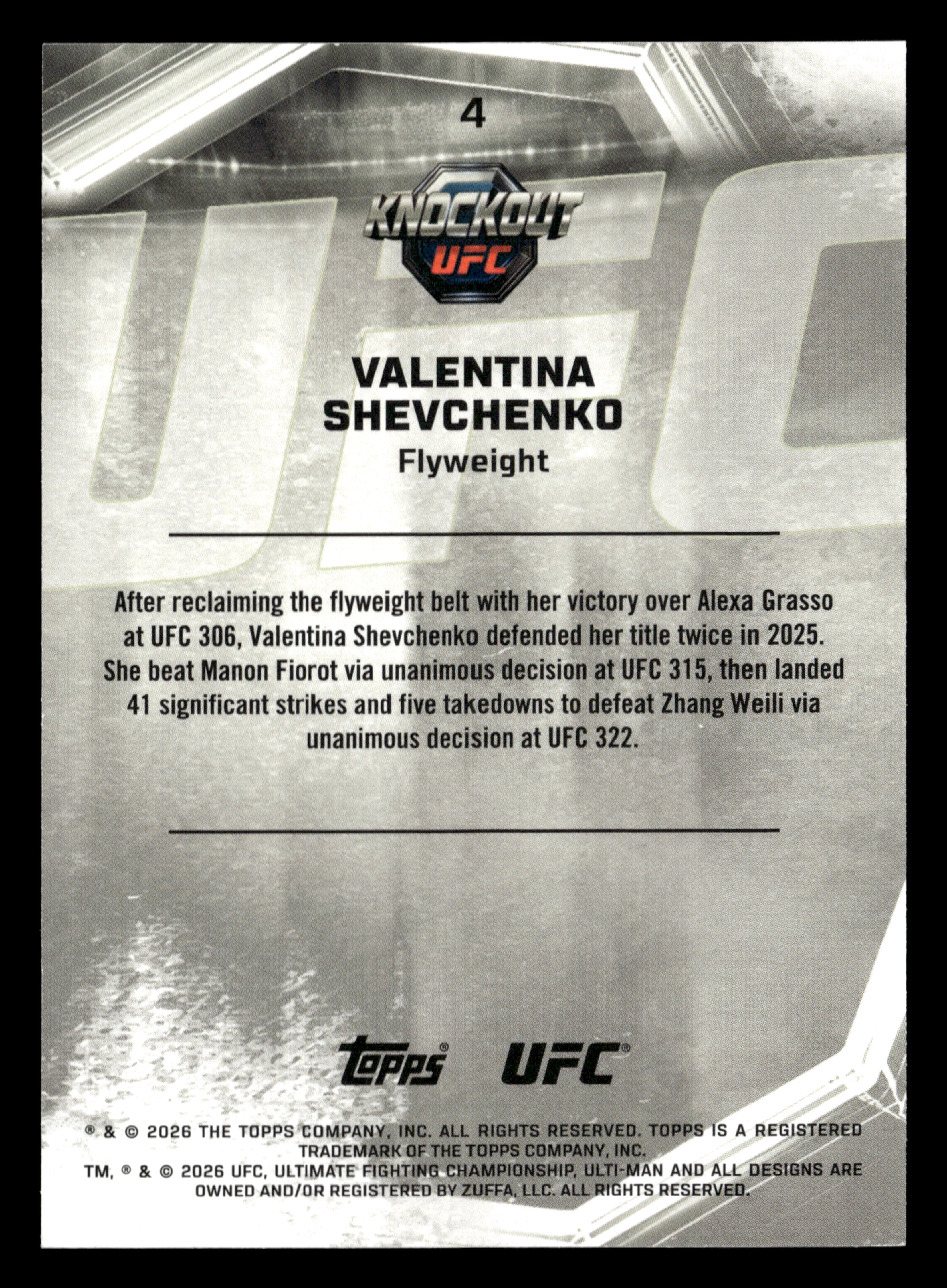2026 Topps Knockout UFC #4 Valentina Shevchenko Orange #/88 - Image 2