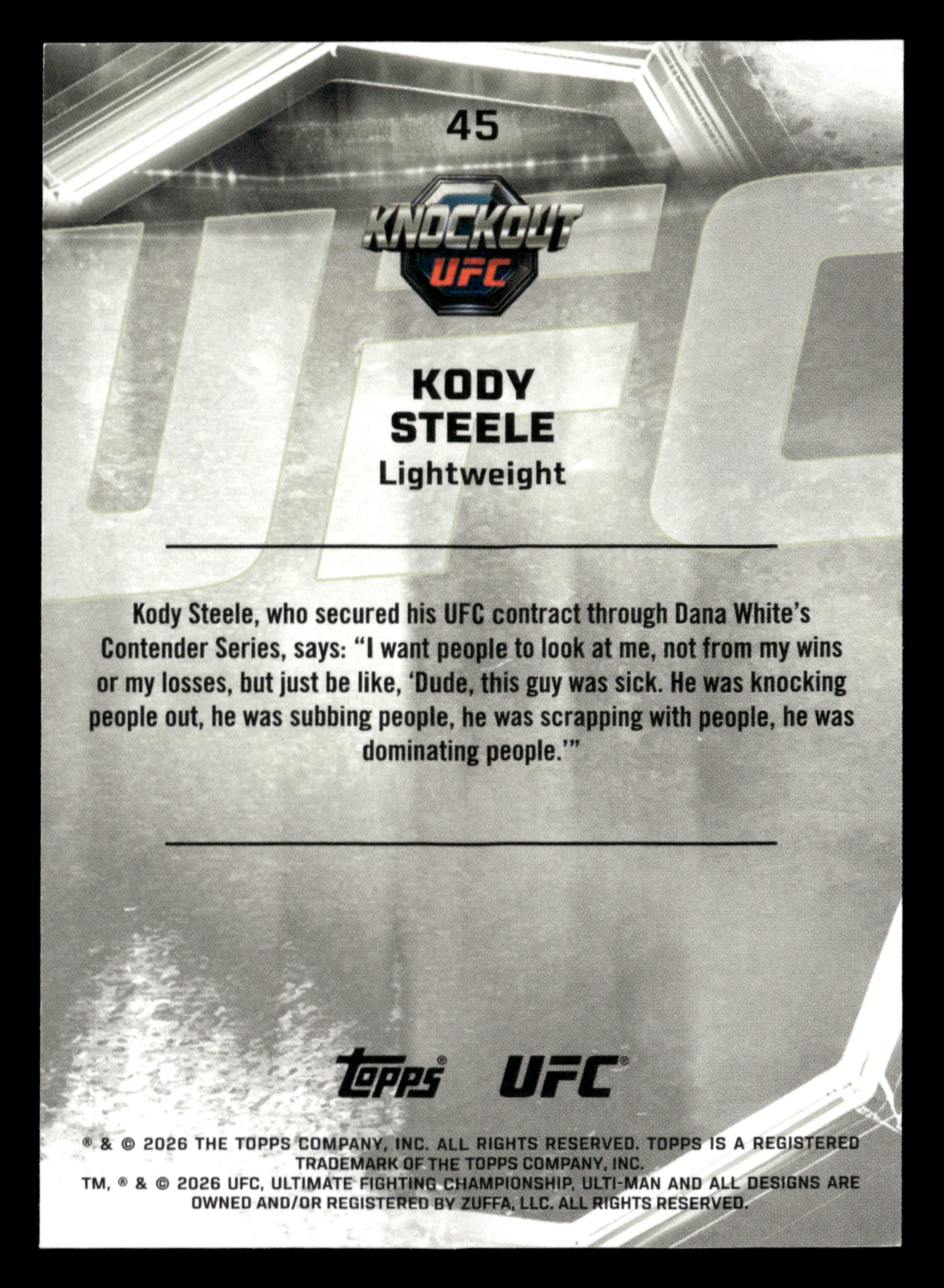 2026 Topps Knockout UFC #45 Kody Steele Teal #/149 - Image 2