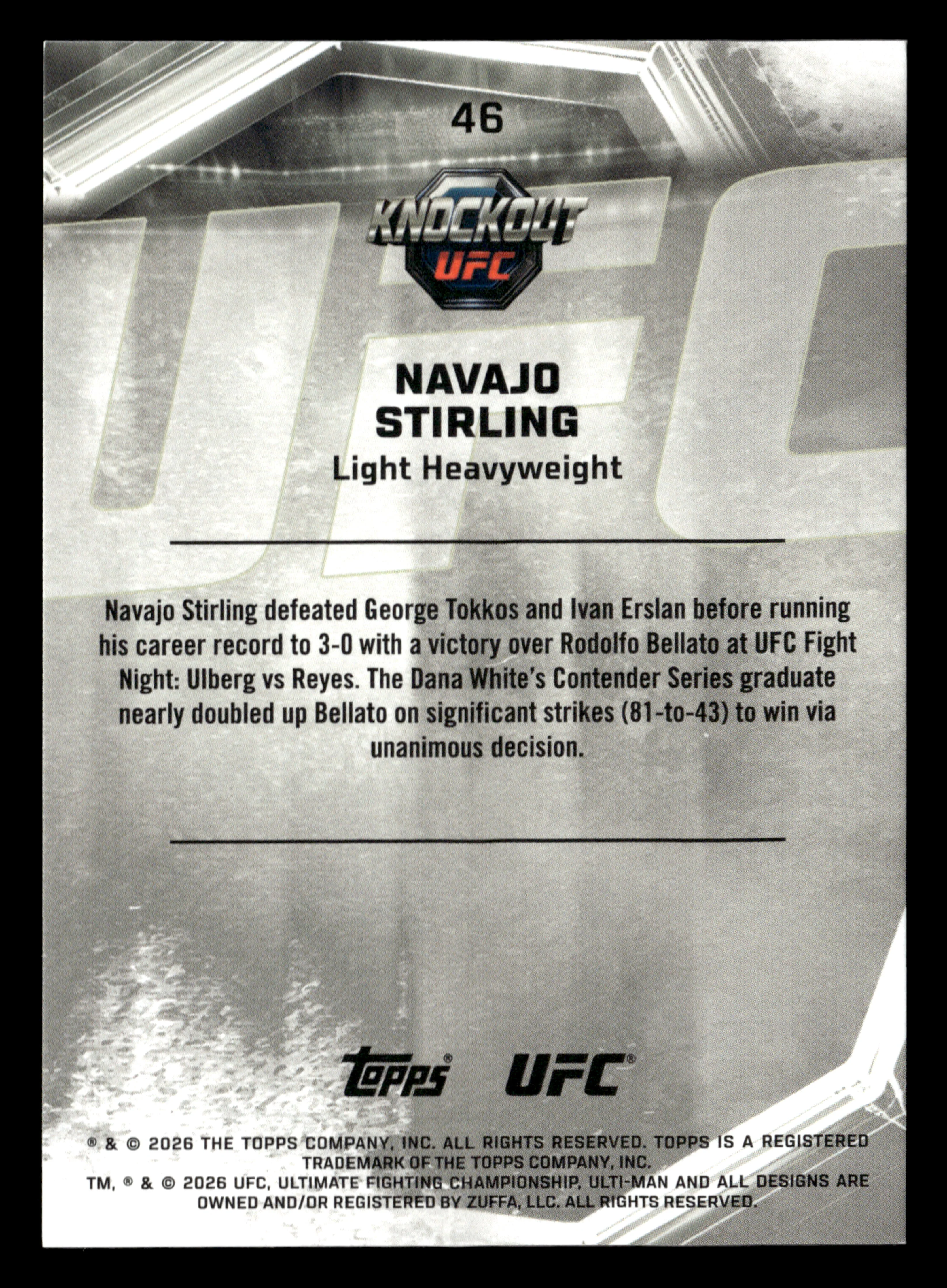 2026 Topps Knockout UFC #46 Navajo Stirling Bronze #/299 - Image 2