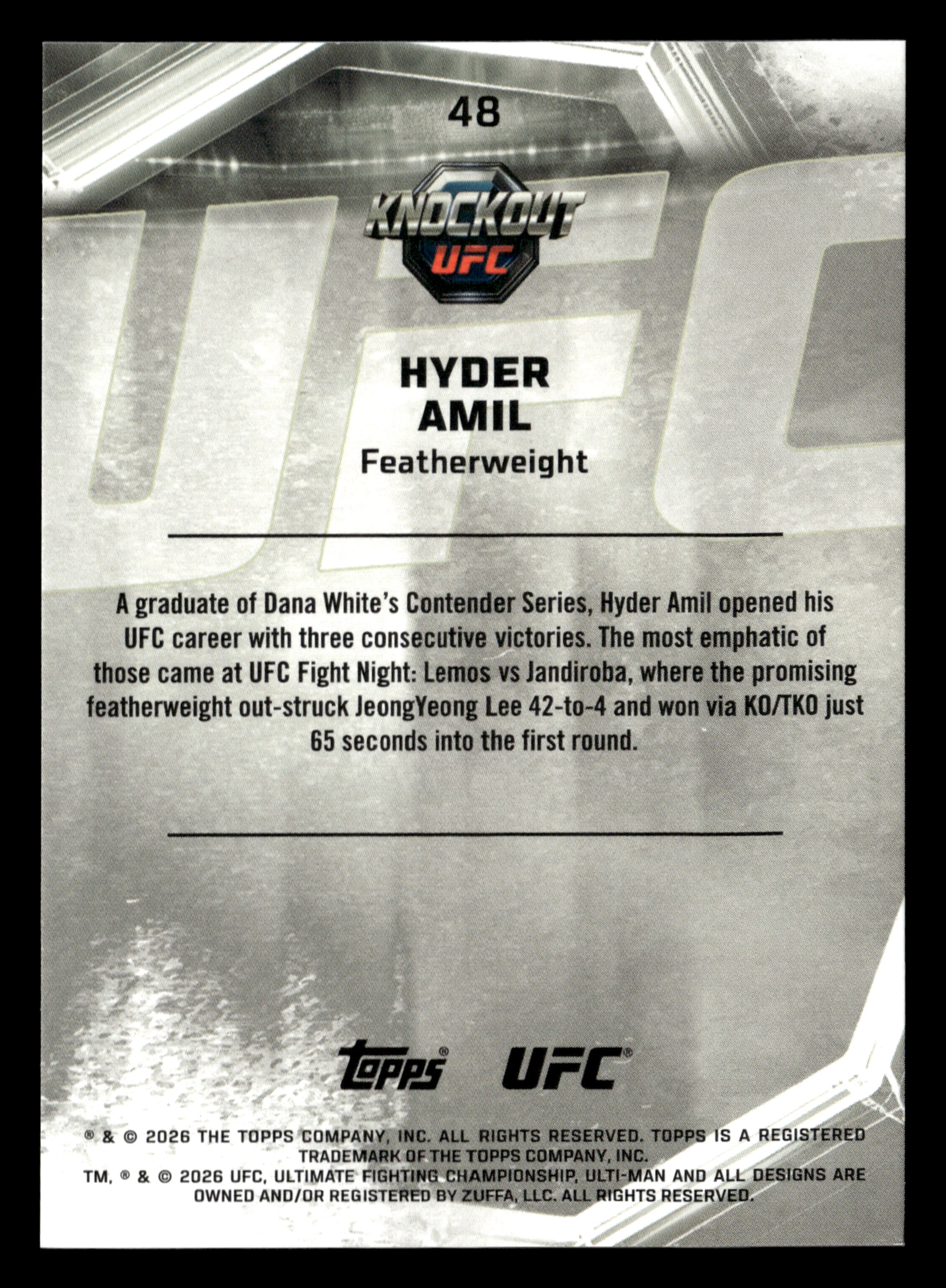 2026 Topps Knockout UFC #48 Hyder Amil Black & White #/15 - Image 2