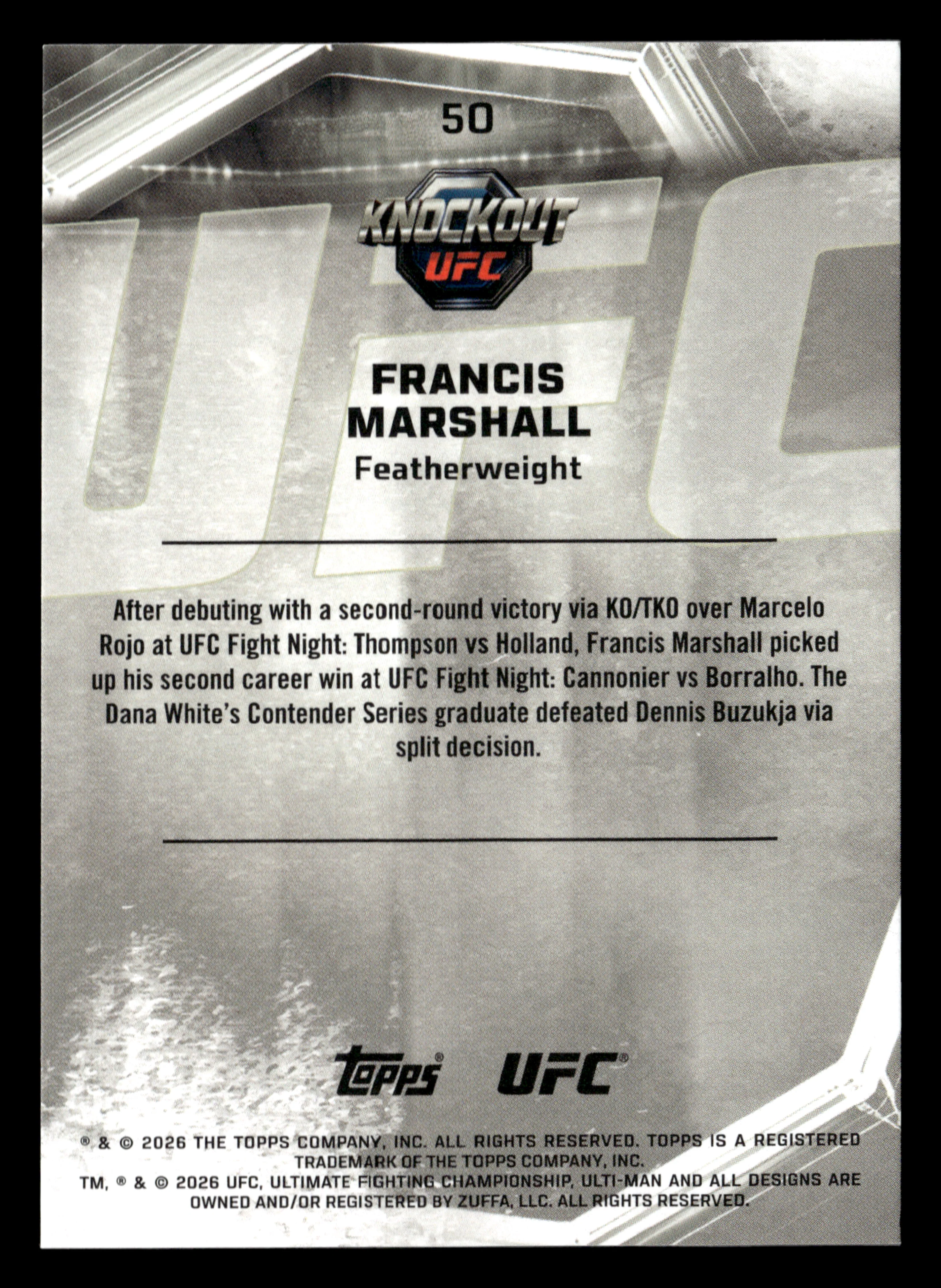 2026 Topps Knockout UFC #50 Francis Marshall Bronze #/299 - Image 2
