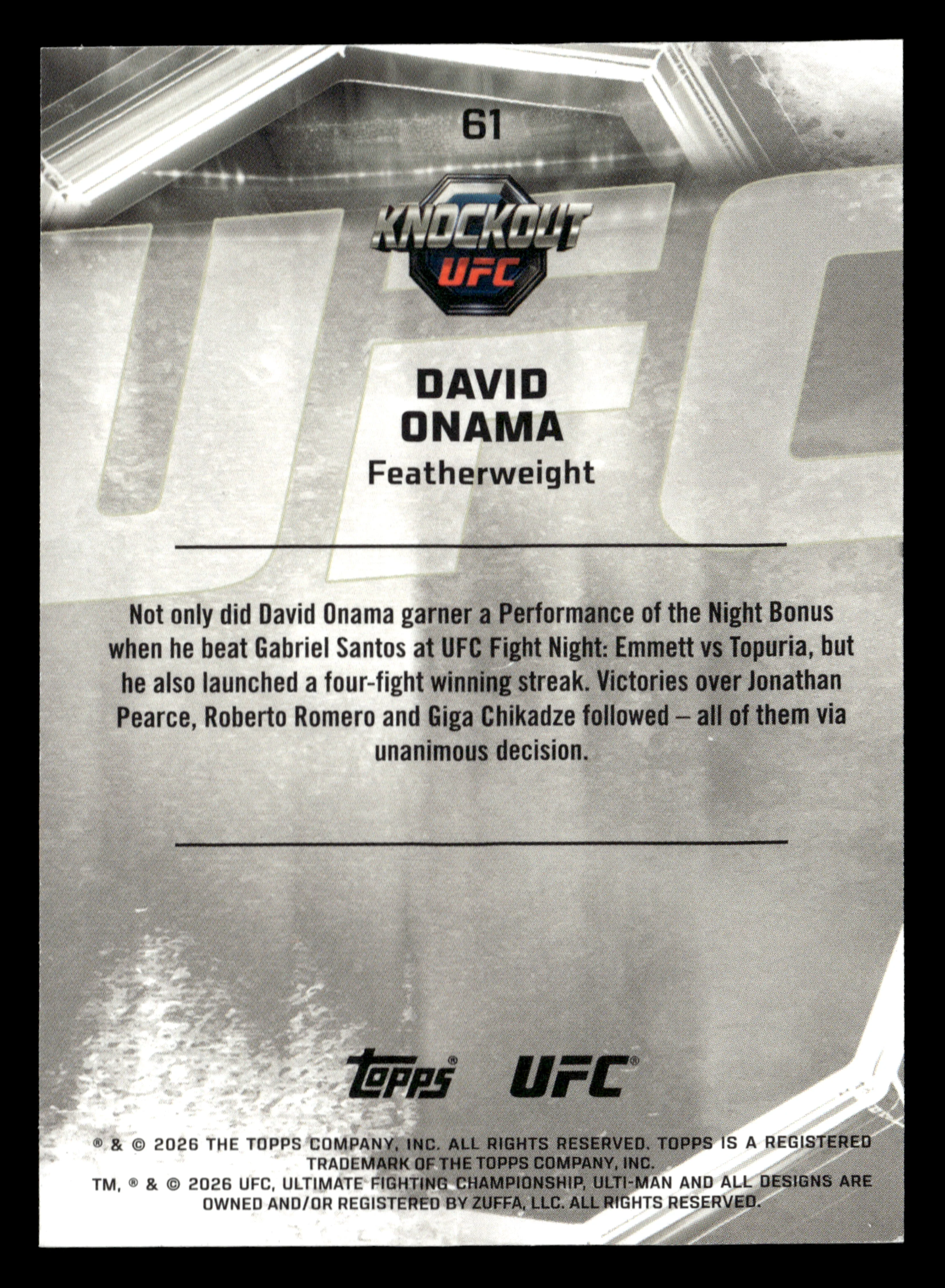 2026 Topps Knockout UFC #61 David Onama Bronze #/299 - Image 2
