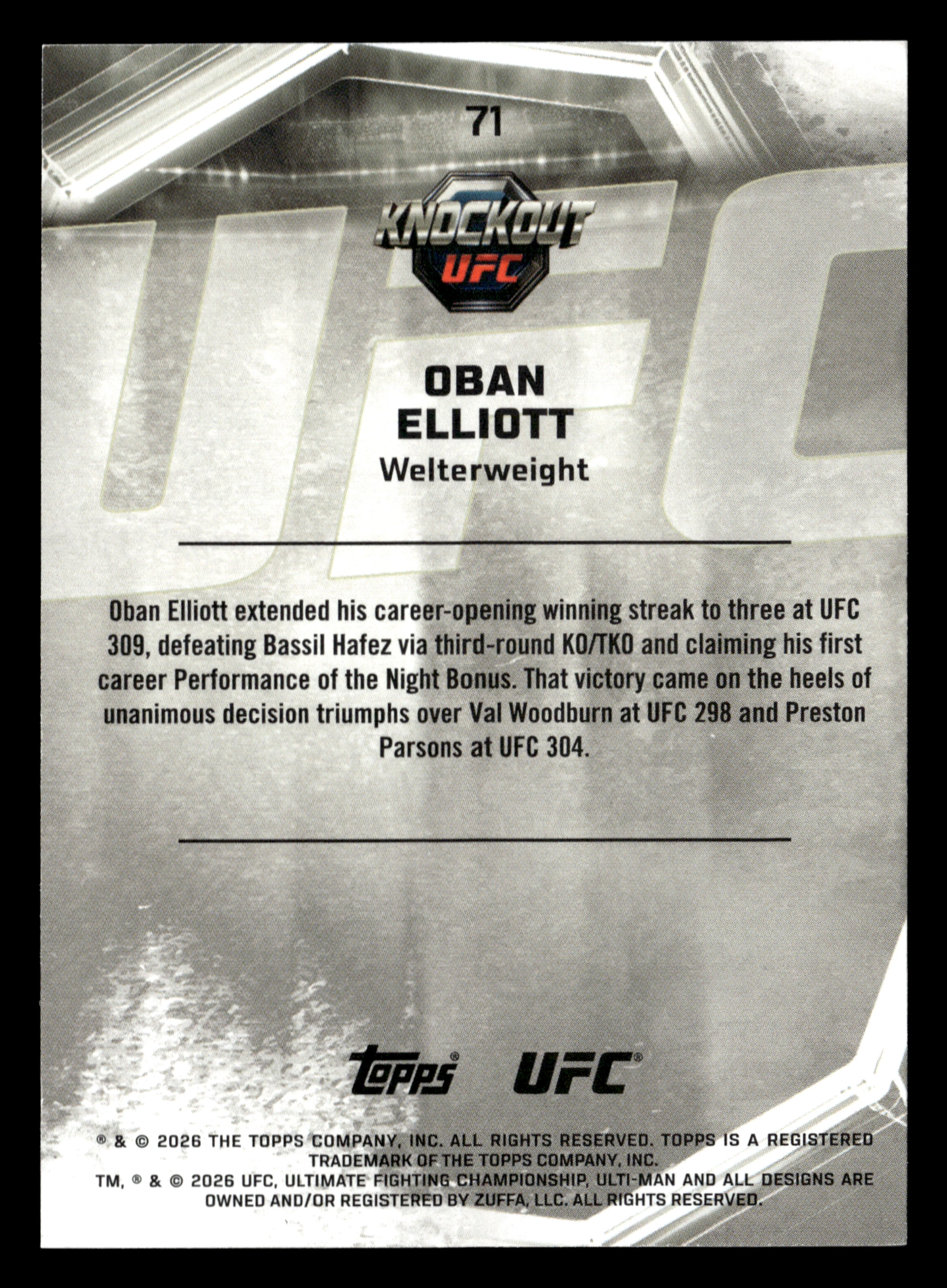 2026 Topps Knockout UFC #71 Oban Elliott Bronze #/299 - Image 2